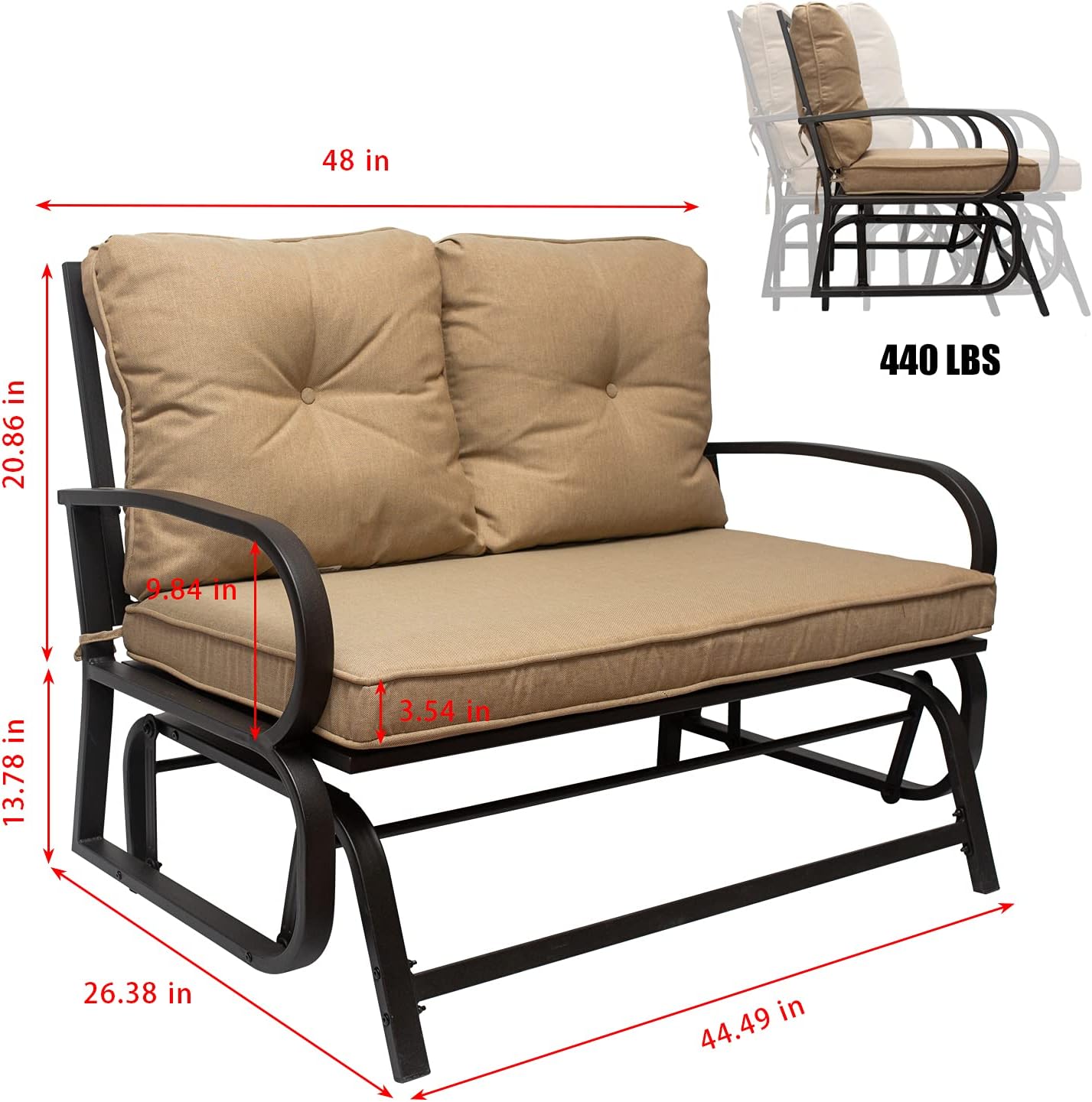 X&T Outdoor Porch Glider, Patio Glider Chair with 3.5 Inch Thick Cushion, 2 Seats Glider Benches for Outside, Garden Steel Frame Swing Rocker Seating, Khaki, (1)