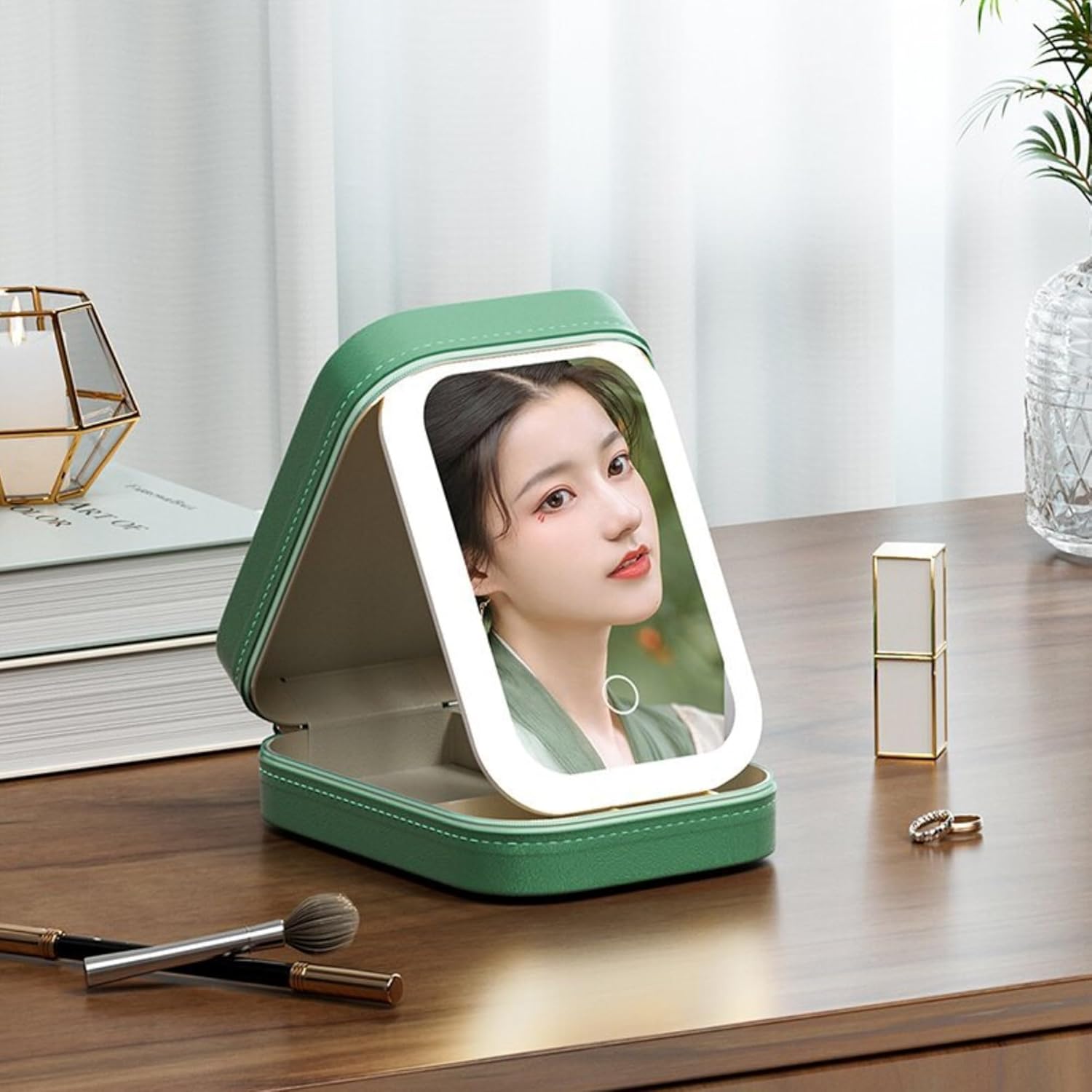 CRIVERY LED Three-Color Adjustable Makeup Mirror, Travel Portable Rechargeable Makeup Organizer with Led Lights, Waterproof Vanity Mirror Jewelry Box with Zipper, Multi-Compartment Storage(Green)