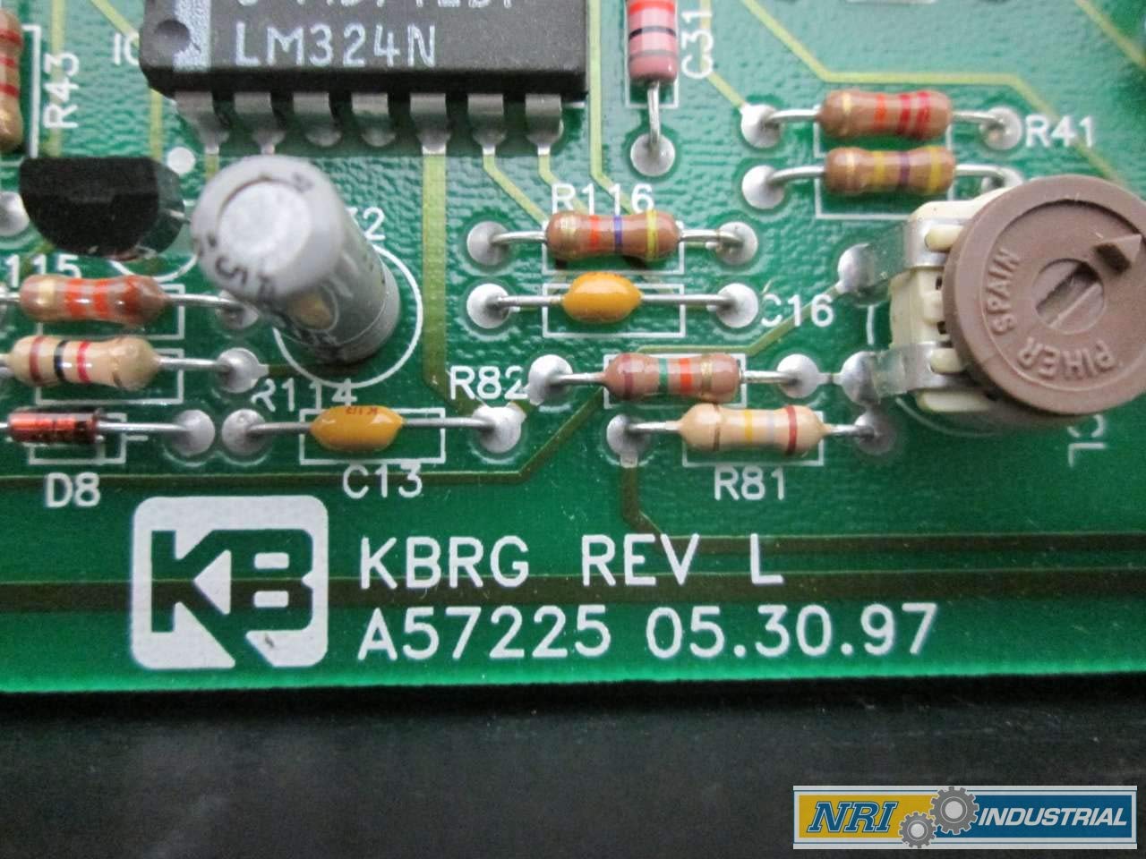 Close-up of the KB ELECTRONICS logo and revision number 'KBRG REV L A57225 05.30.97' printed on the circuit board.