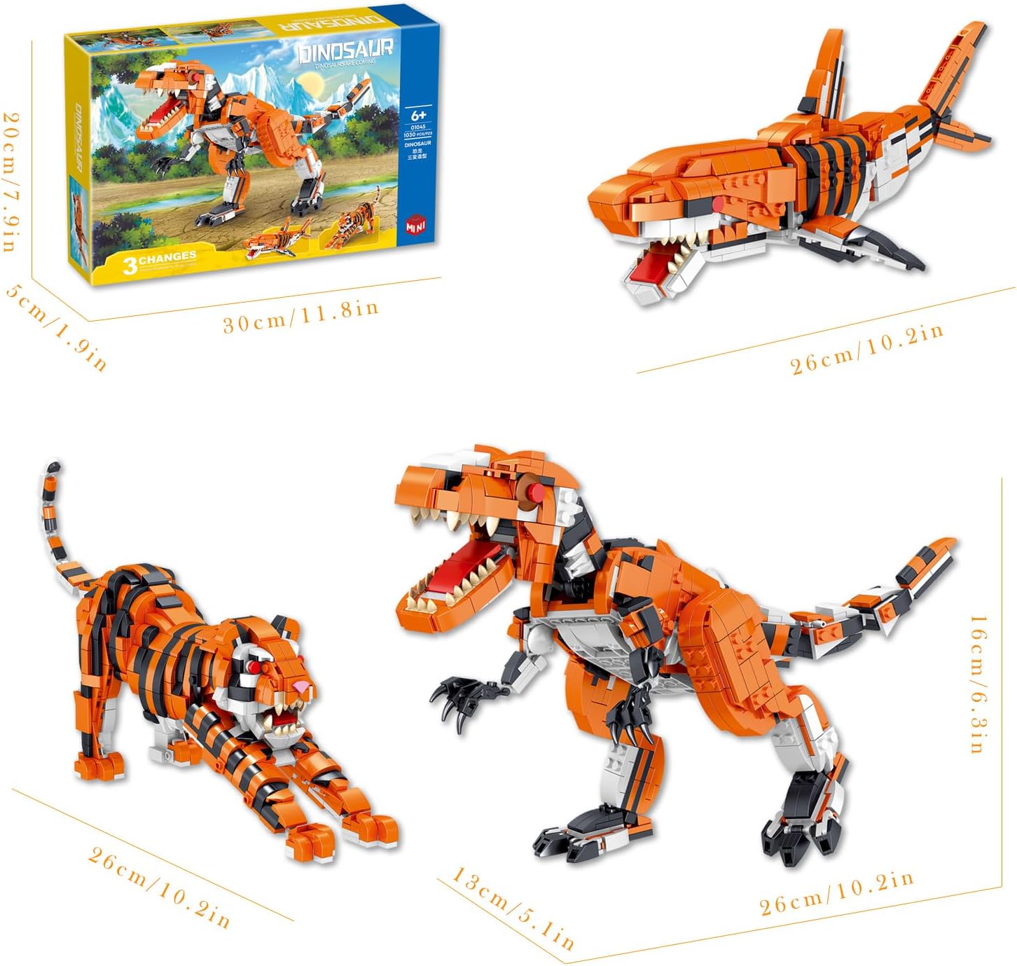 CAXIMSY Creator 3 in 1 Animals Mini Building Block Sets for Kids Dinosaur/Tiger/Shark Transforming Building Kits Toys Gift for Boys 1030 Pieces