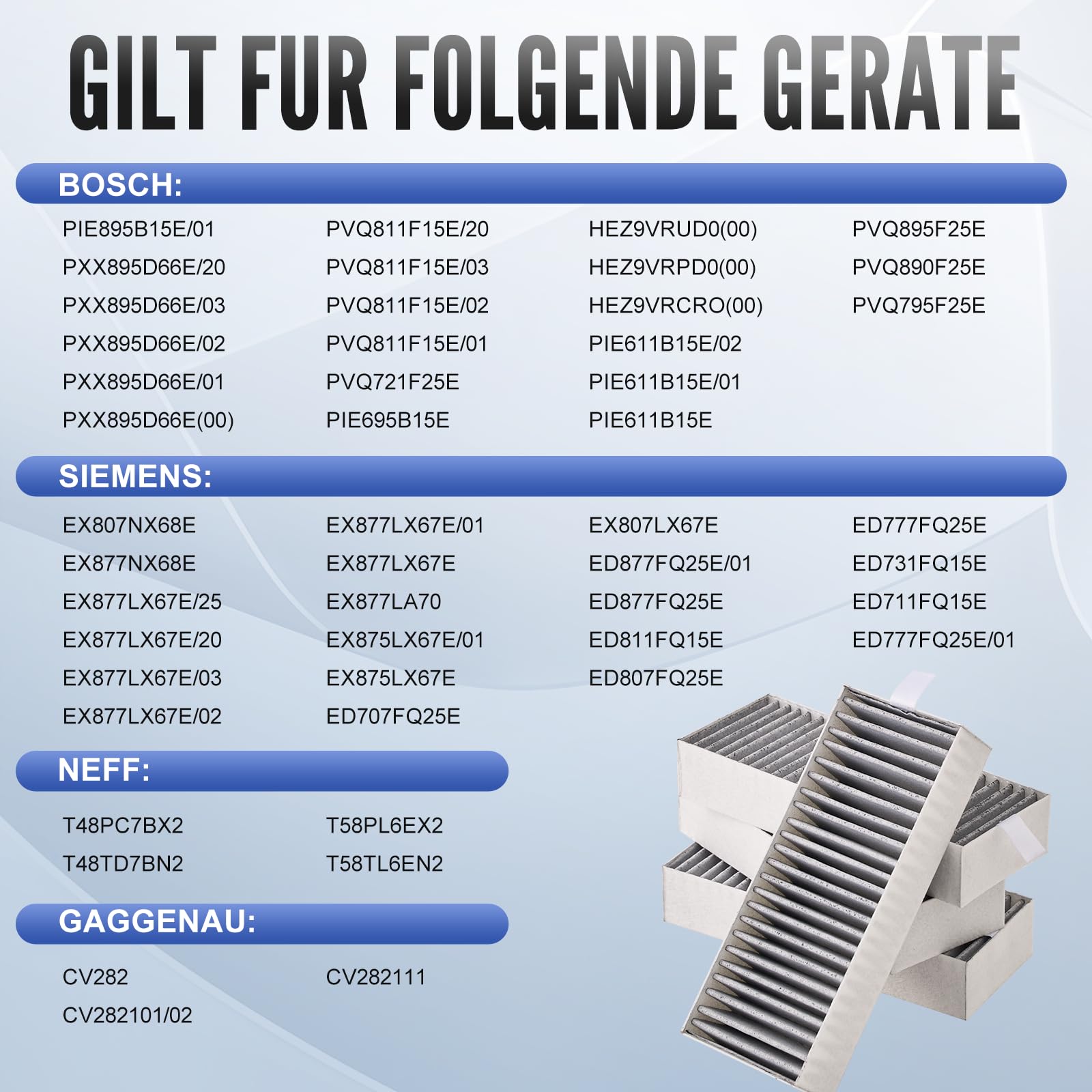 Lot de 4 filtres à charbon actif pour hotte aspirante Siemens HZ9VRCR0 17004796/Bosch HEZ9VRUD0 17004811/Neff Z821VR0 17004806/Gaggenau CA282111/Constructa CCZ9VRCRCR0 17006669 Clean Recirculateur