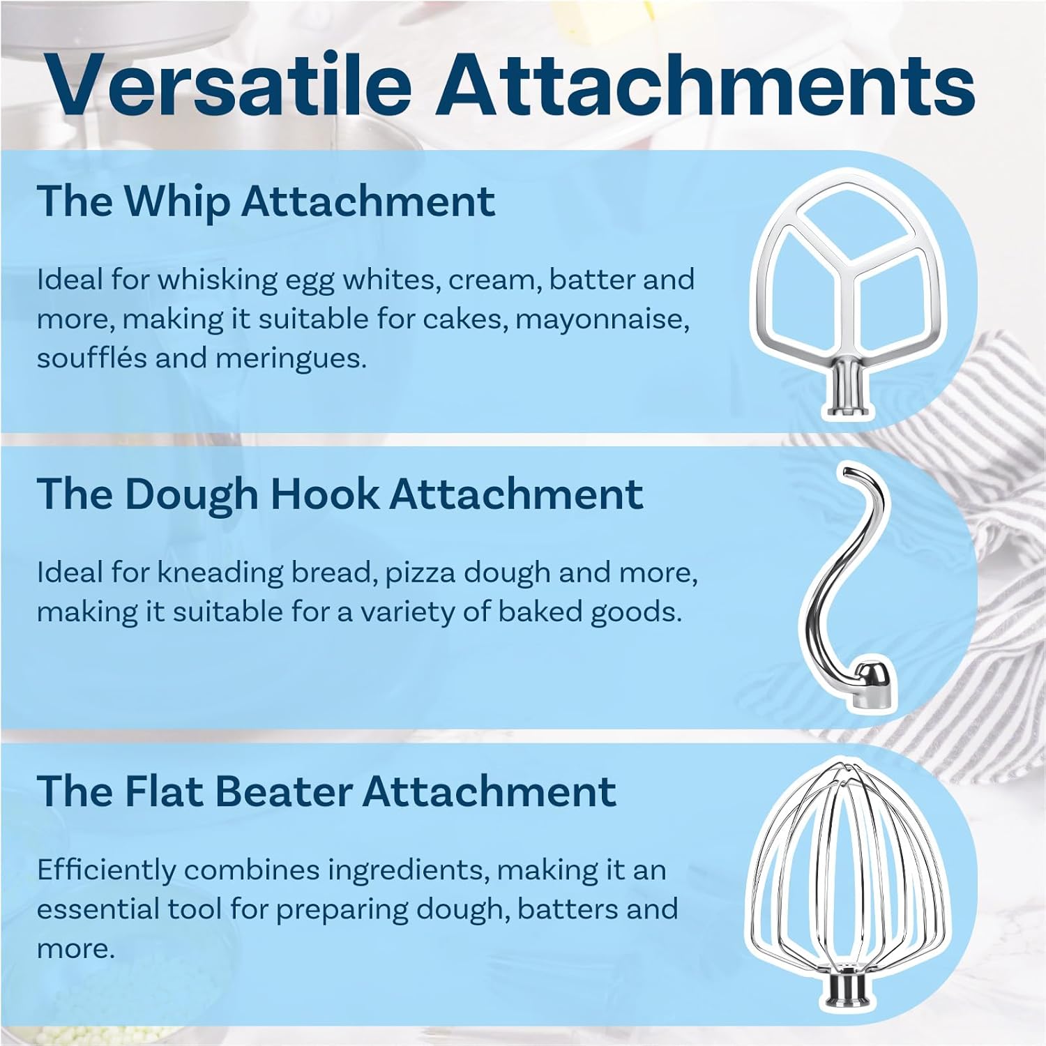 Stainless Steel 3-Piece Kit Attachments for KitchenAid 5.5 to 6 Quart Bowl-Lift Stand Mixers – Includes Dough Hook, 6-Wire Whip and Flat Beater – Dishwasher Safe
