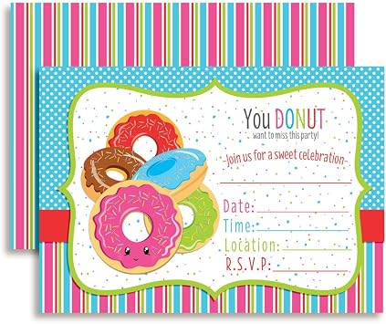 Sweet Celebration Donut Themed Invitations for Kids, 20 5x7 Fill In Cards with Twenty White Envelopes by AmandaCreation