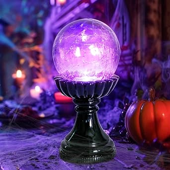 MUMTOP Halloween Indoor Decorations, Purple Glass Crackle Globe with LED Light Halloween Magic Ball Figurine Resin Statue for Home Kitchen Room Party Table Decor