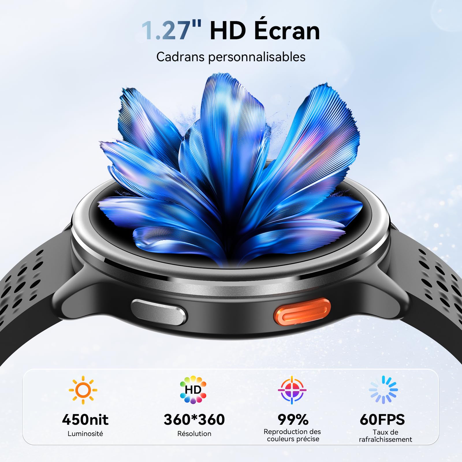 Montre Connectée Homme Femme Ronde 1.27'' Smartwatch 2 Bracelet 120+ Modes Sport 250+ Cadran Etanche 3ATM Fréquence Cardiaque/SpO2/Sommeil Podomètre Fitnes Watch pour Android Samsung iPhone Noir
