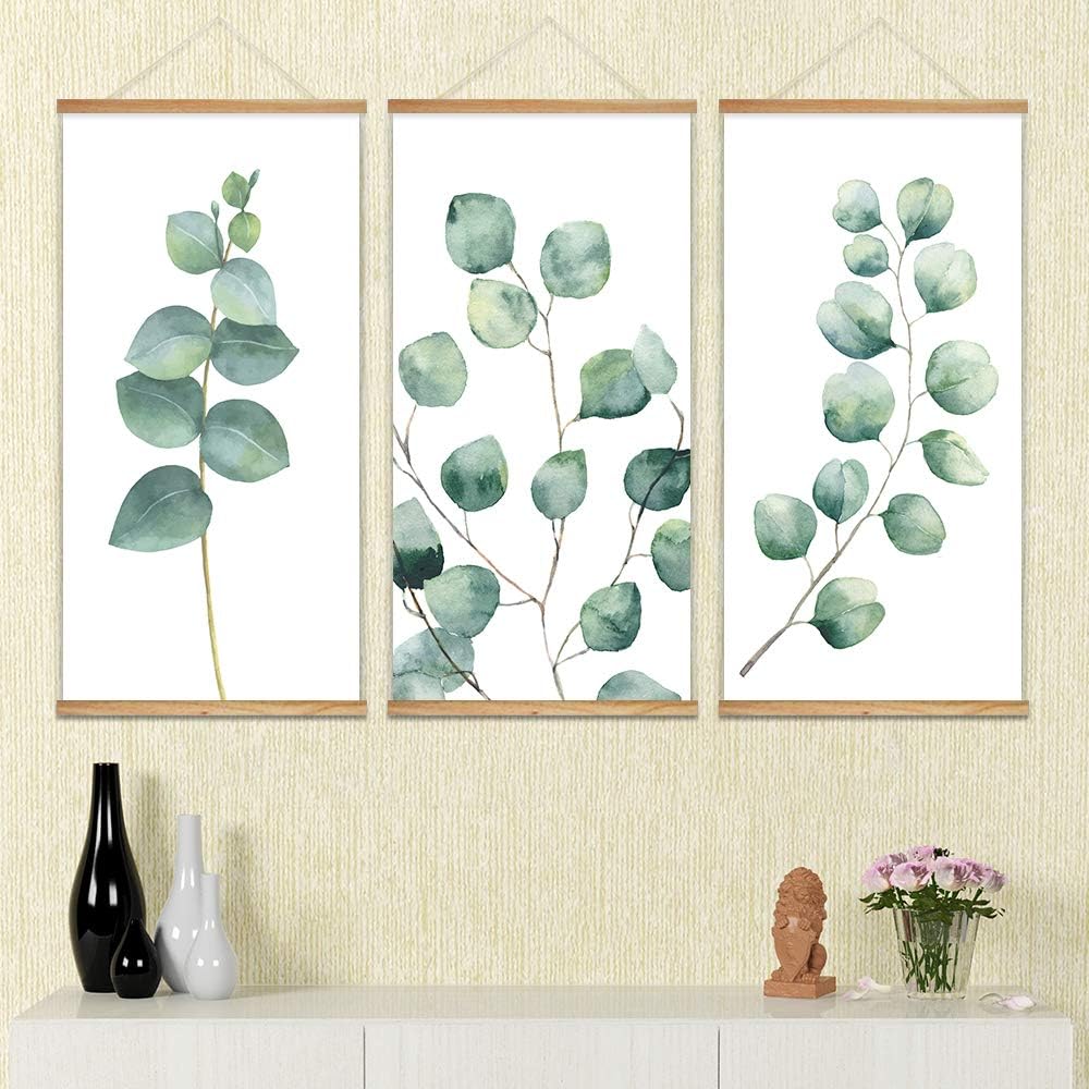 wall26 - 3 Panel Hanging Poster with Wood Frames - Watercolor Style Leaves - Ready to Hang Decorative Wall Art - 18"x36" x 3 Panels