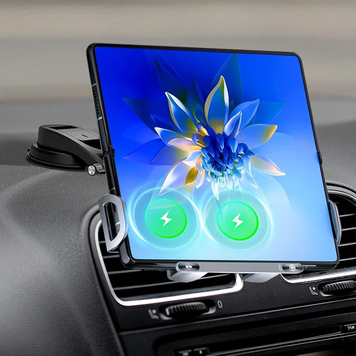 Caricatore Wireless Auto per Hyundai i20 2021 2022, Supporto Telefoni Cellulari E Tablet, Ricarica Rapida 15W, Rotazione 90°, Serraggio Automatico,Grey-Waterfall Suction Cup