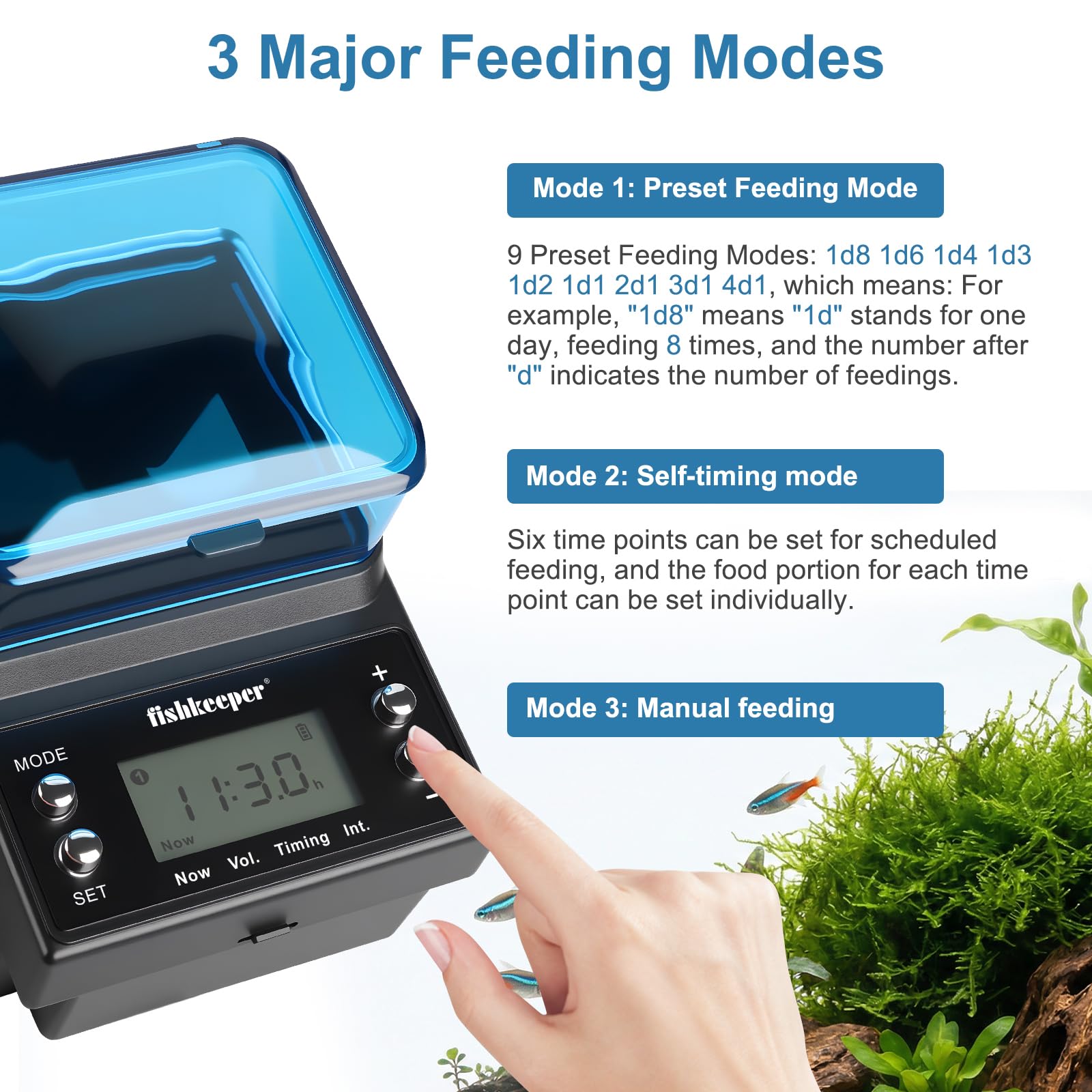 Fishkeeper Alimentador automático de peces recargable, 3 modos de alimentación, dispensador automático de acuario USB para pellets, copos de polvo, con pantalla LCD de batería de litio para vacaciones