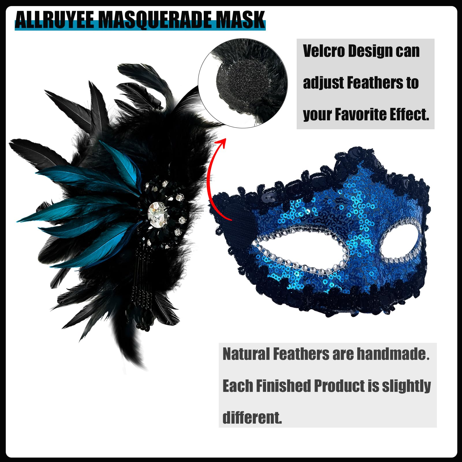 Allruyee 2025 New Masquerade Mask for Couple - Masquerade Mask Women with Feathers & Venetian Mask Men for Mardi Gras Party(Blue) - Image 2