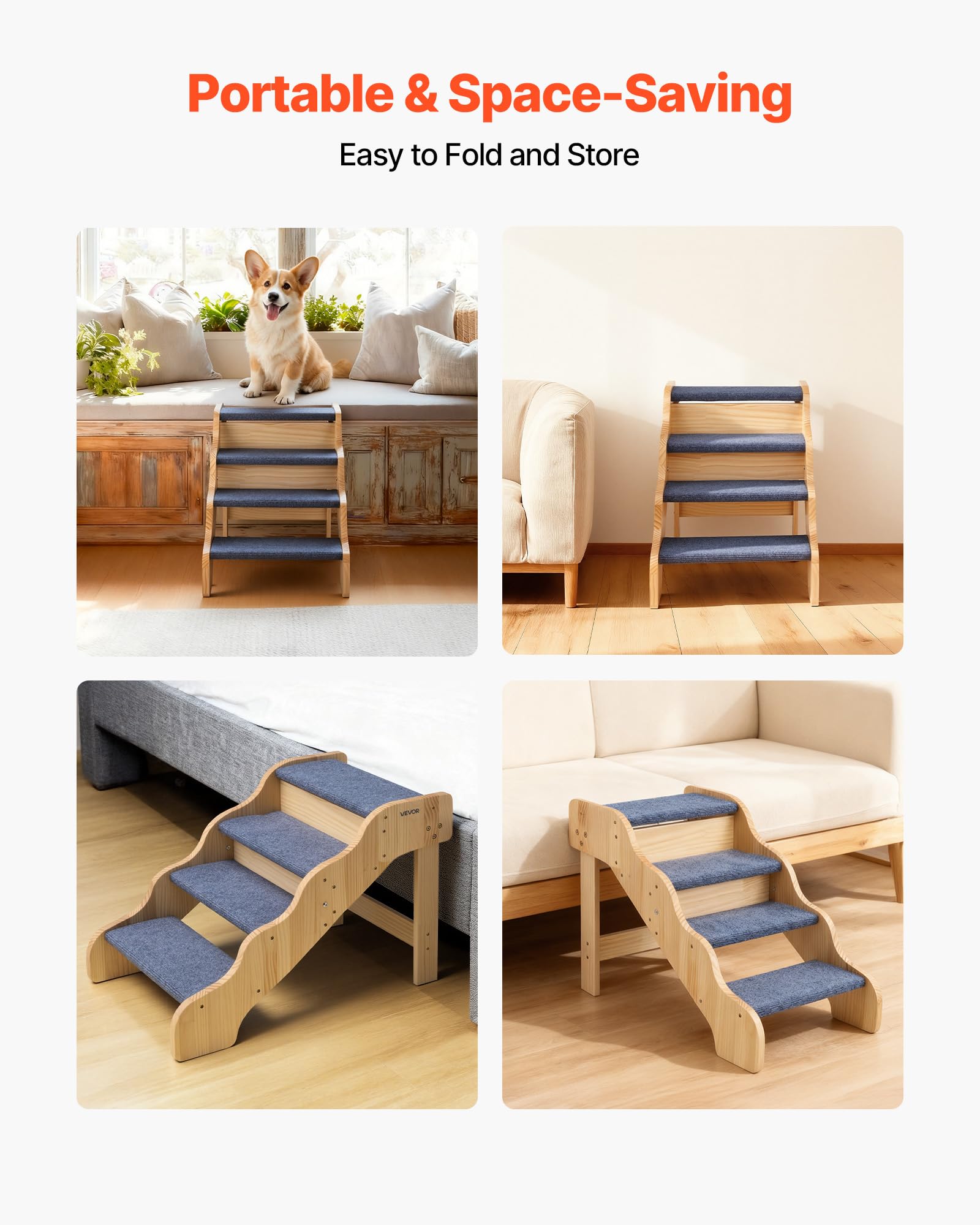 VEVOR Scale in Legno per Animali Domestici a 4 Gradini per Letti Alti, Divani e Auto, Carico di 68 kg, Superficie Antiscivolo, Scaletta Stabile per Cani e Gatti, Accessori Essenziali per Cuccioli