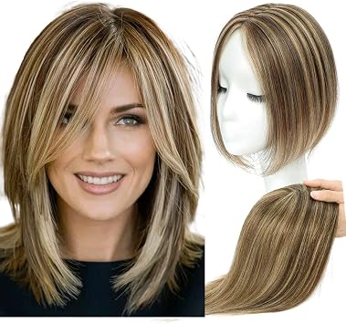 Hair Toppers with Thinning Hair 100% Real Human Topper for Women 10 inch Medium Brown Mix blonde Hairpieces for Women 120% Density top toppers Hairpieces for Thinninghair#427