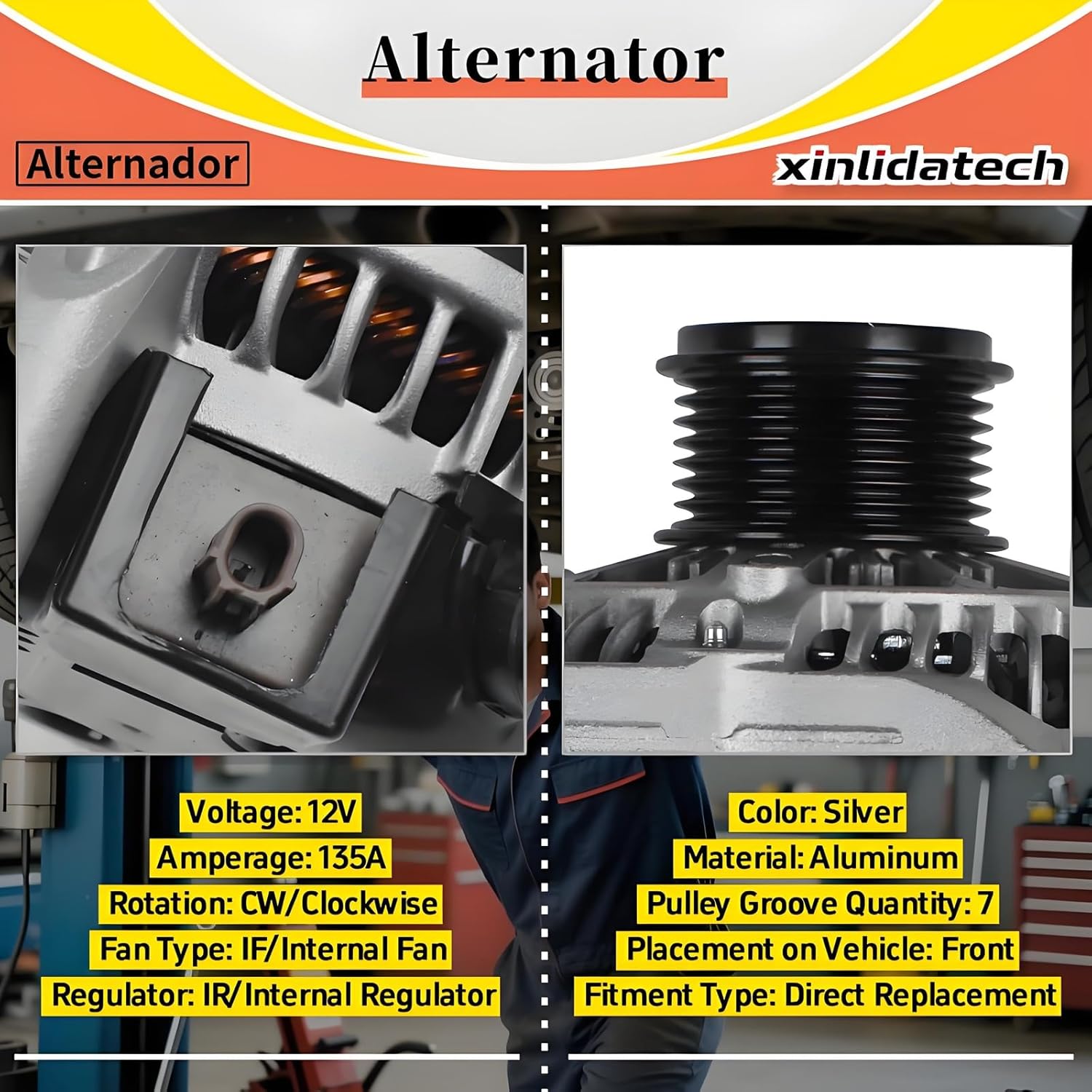 Alternator Compatible with Honda Civic 2.0L L4 Automatic Transmission 2016 2017 2018 2019 2020 2021 2022 (NOT for turbocharged) 12V 135Amp CW 7-Pulley Groove Replace 31100-5BA-A01 11931