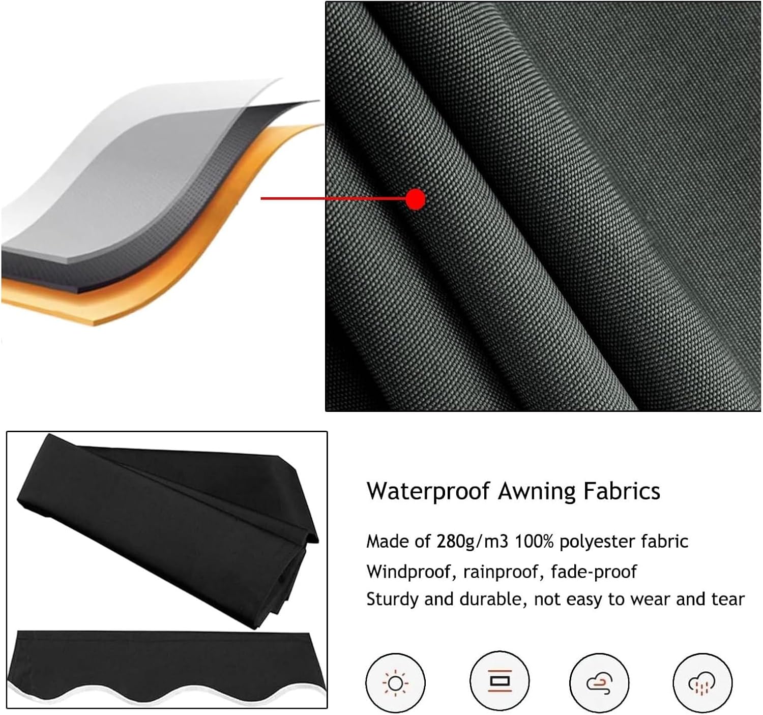 Manual Retractable Patio Awning Replacement (Fabric Only) Replacement Canvas Awning Outdoor Awning Top Fabric for Yard, Deck, Balcony Deck Water Resistant Canopy(Black,6x2.5m(20x8.2ft))