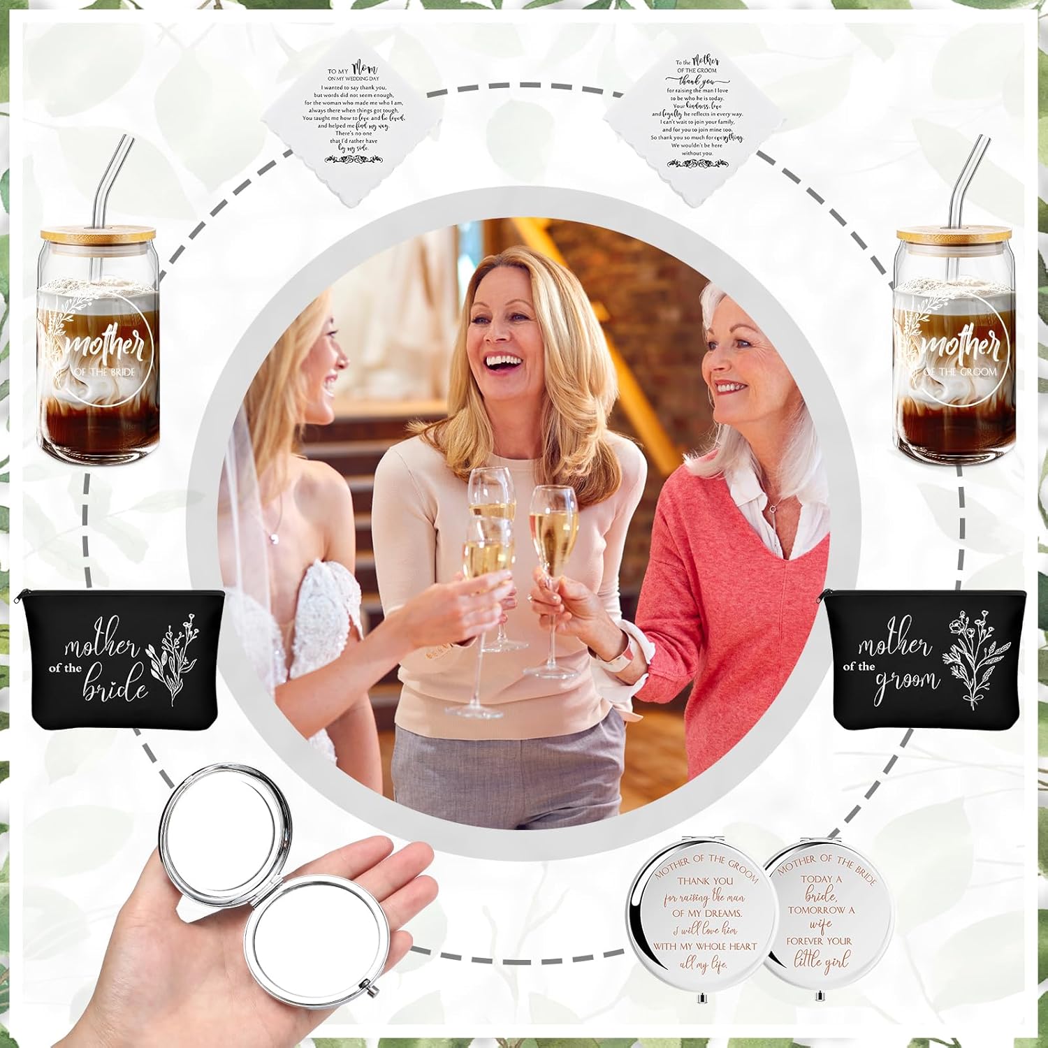 Teenyyou 8 Pack Mother of the Bride Groom Gift Set - Includes 16oz Glass Cup Cosmetic Make up Bag Pocket Mirror Handkerchief, Engagement Anniversary Wedding Day Gifts for Mom Mother in Law(Simple)