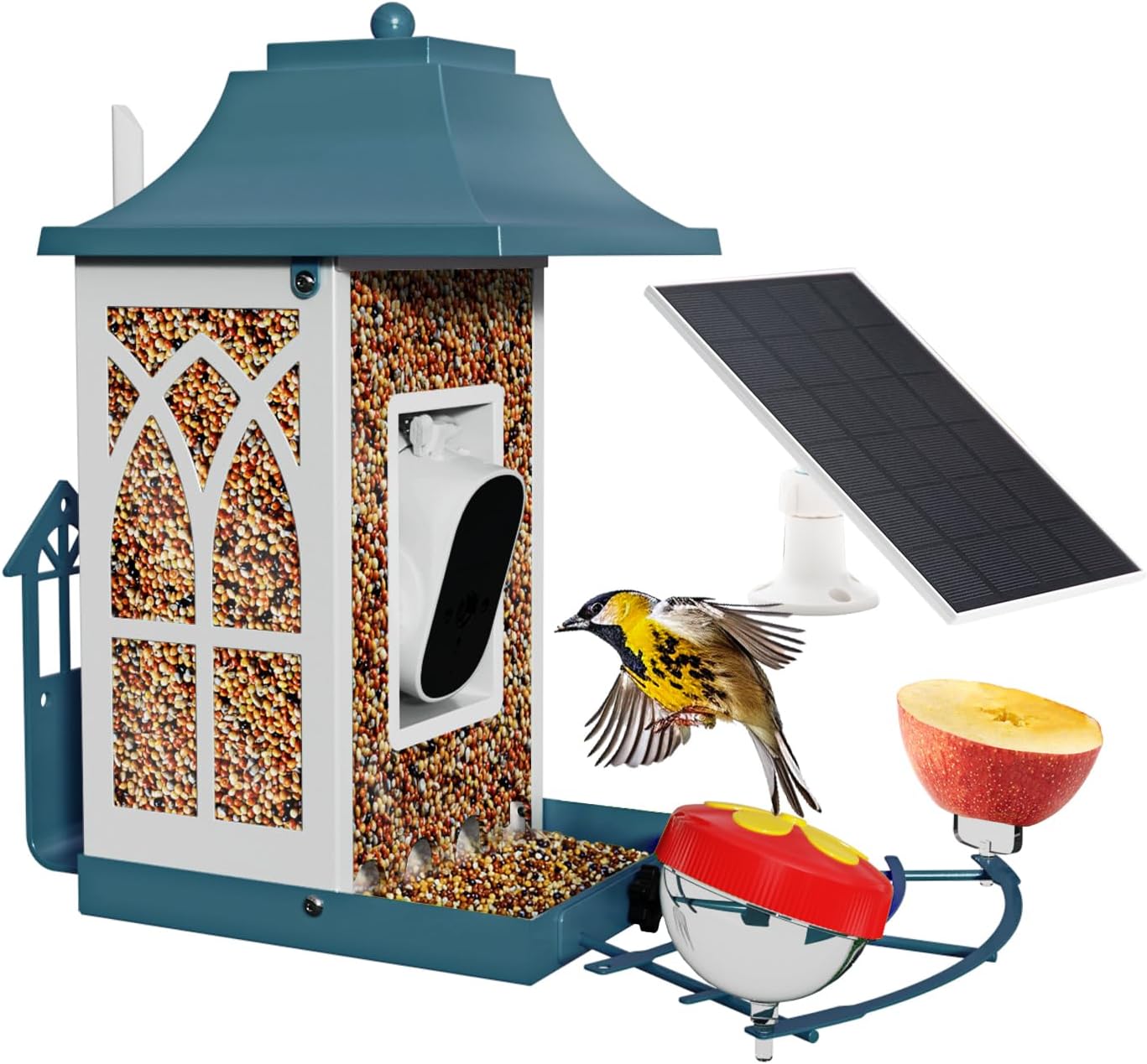 Smart Bird Feeder with Camera & Solar Panel，4.6LB Large Capacity Metal Smart Bird Feeders, Video Watching AI 1080P Wireless Camera with Auto Capture Videos & Motion Detection Camera Light Blue