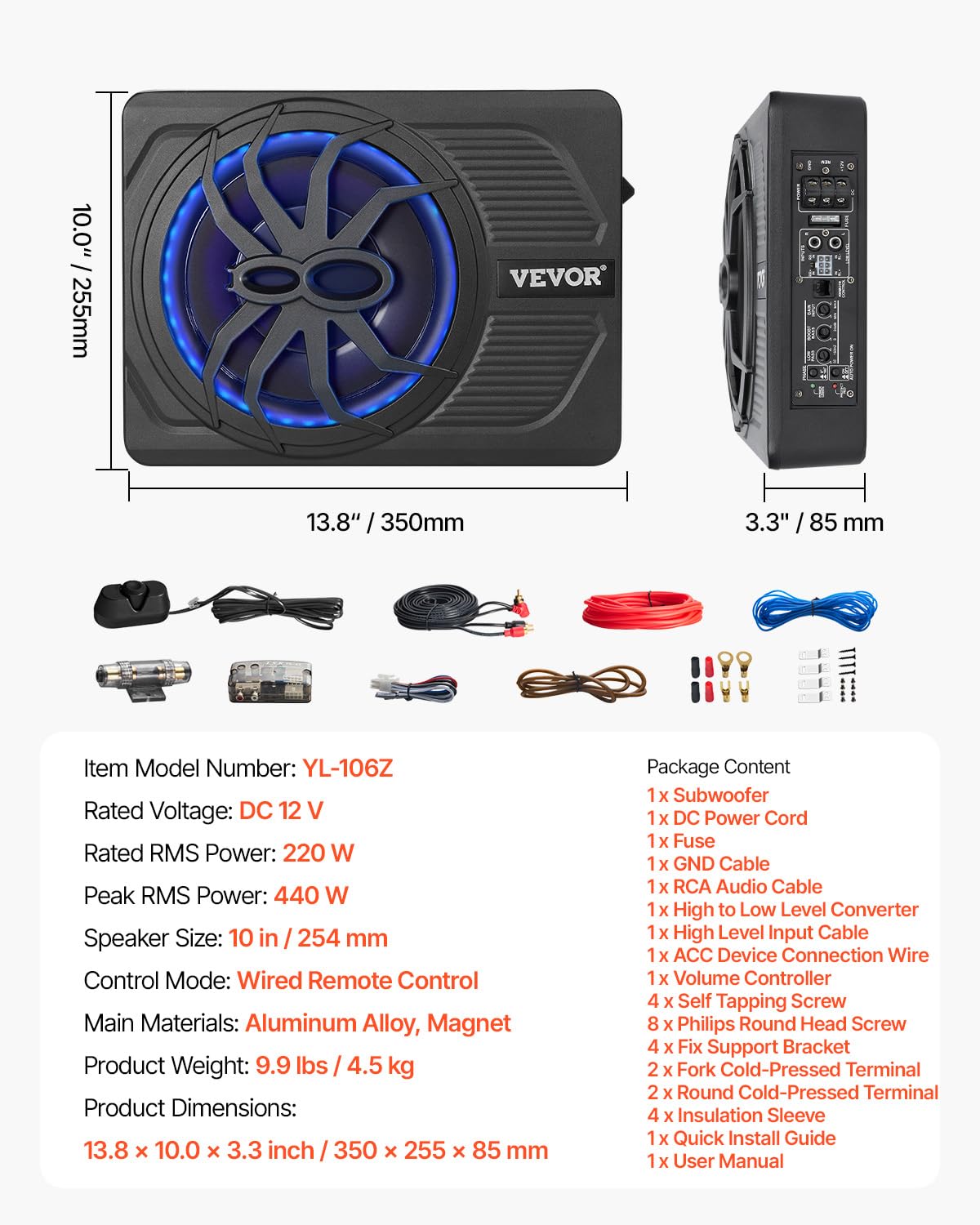 VEVOR Subwoofer per Auto Sotto Sedile, Subwoofer Auto Sottile Sistema Audio a Basso Profilo con Luce Blu, Amplificatore Integrato, Ingresso Livello Alto Basso Regolatore del Volume, 254 mm e 440 W