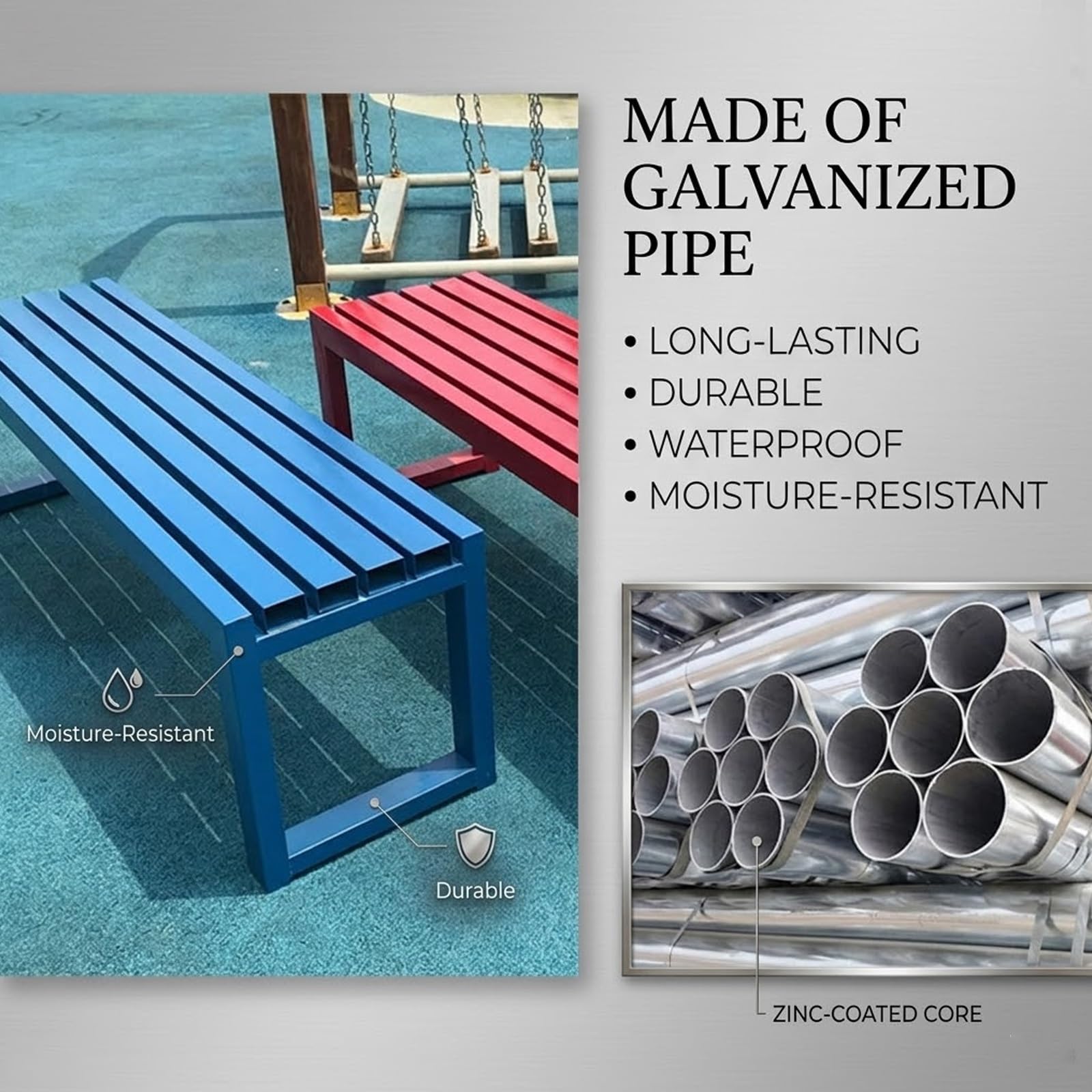 Banco de metal para exteriores, resistente a la intemperie, de hierro forjado, sin respaldo, asiento de jardín de acero inoxidable, 150 cm, muebles de patio para jardín, patio y patio (blanco)