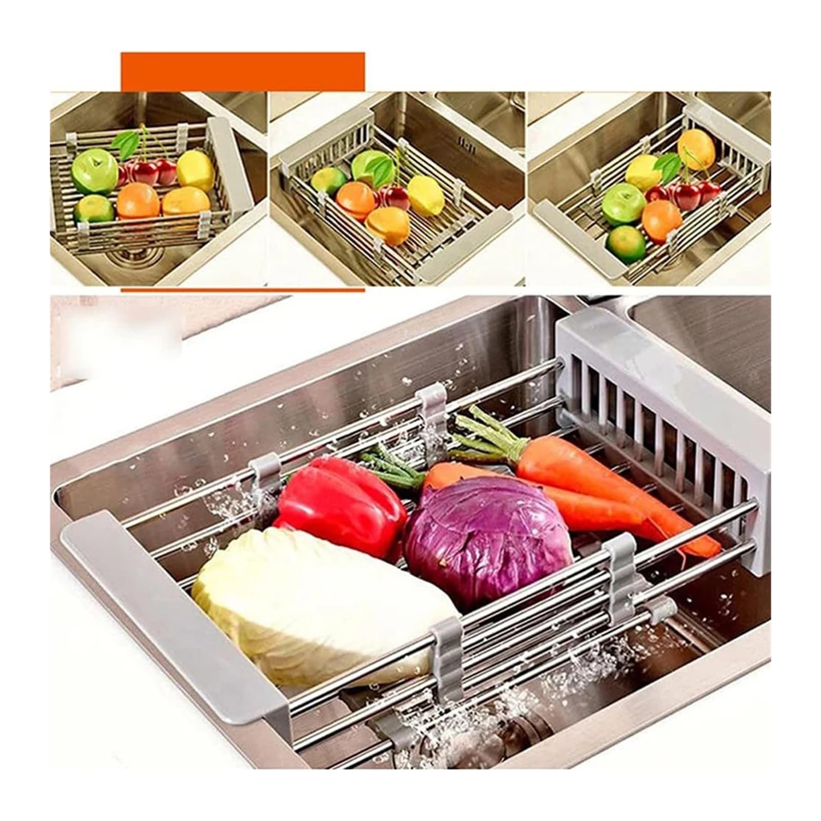 Verstellbarer Geschirrkorb aus Edelstahl – Großes schwarzes Küchensieb für Teller, Obst und Gemüse – Funktionale Abtropflösung für die Küchenarbeitsplatte