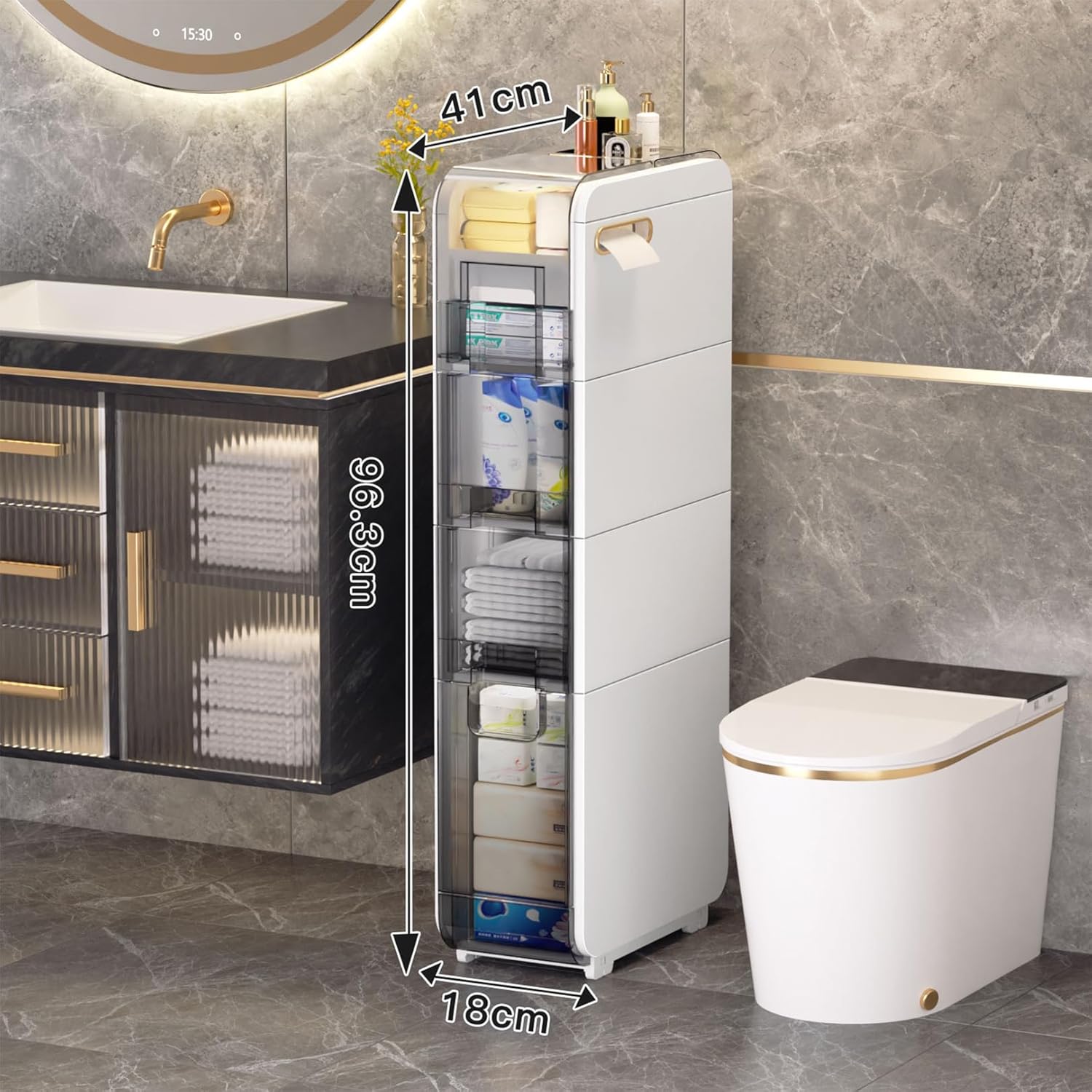 Movable Bathroom Storage Cabinet with 2/3/4 Drawers, Toilet Paper Storage, Corner Shelves, Bathroom Furniture Sets, Side Storage Organizer Toilet