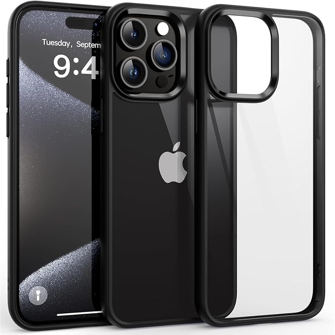 CZARTECH Native Back Cover for iPhone 15 Pro Max Clear case (TPU + Tough Polycarbonate Back I 6 ft Drop Protection Tested I Matte Black - Transparent I No Yellowing)