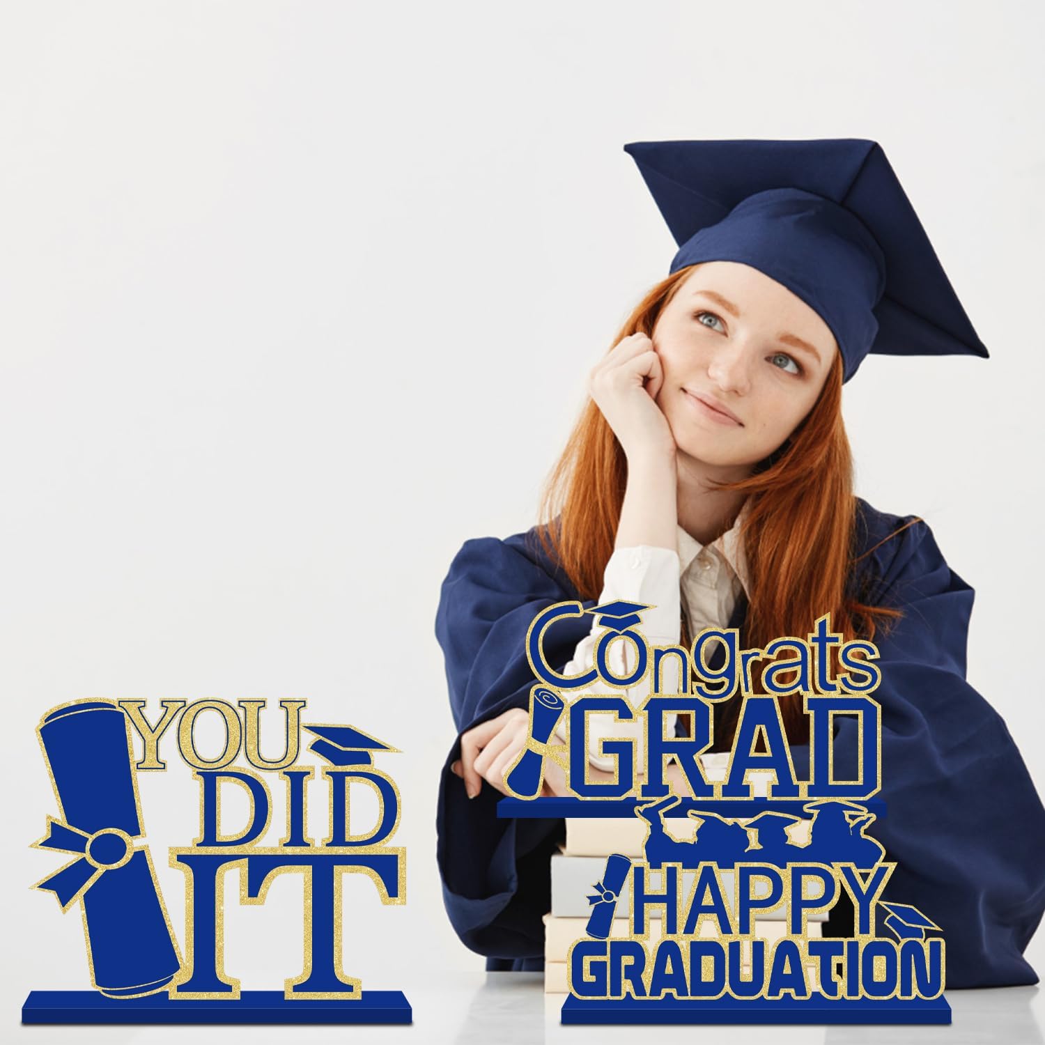 4Pcs Blue and Gold Graduation Decorations Class of 2026 Congrats Grad Wooden Table Centerpieces Grad Table Decorations for Graduation Centerpieces