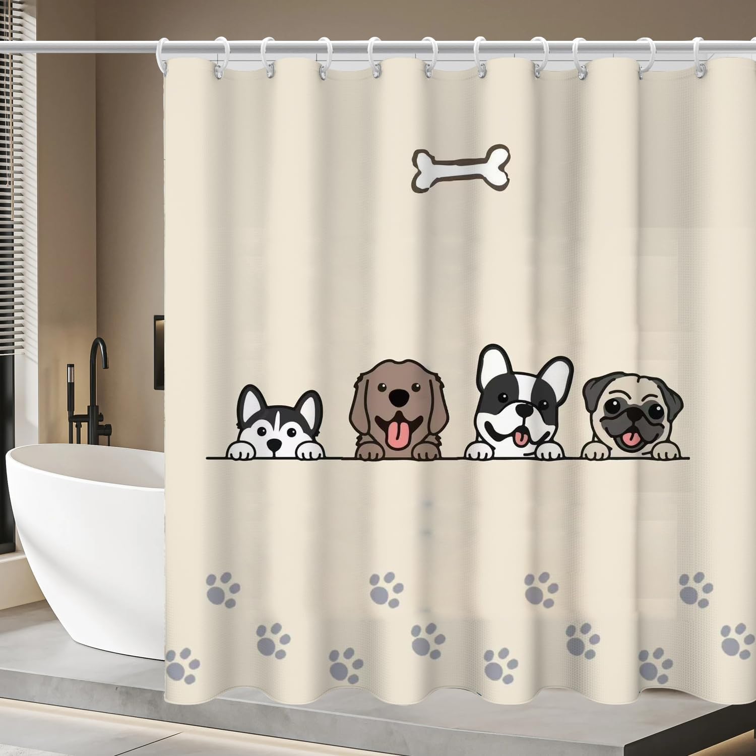 Cute Dog Shower Curtain, Surfing Puppy Funny Animal Watercolor Kawaii Cartoon Pet for Kid, Fabric Waterproof Polyester Bathroom Home Decor with Hooks, 72x72 Inches