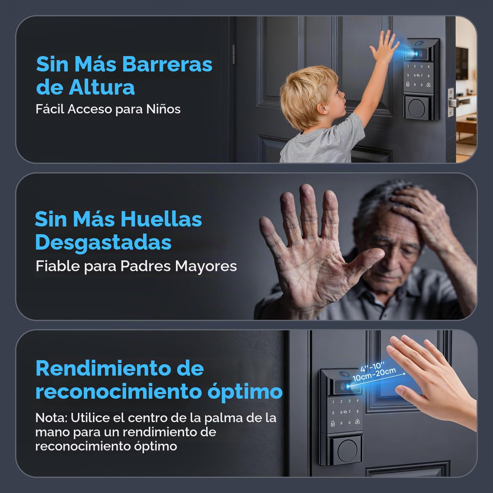 Cerradura Inteligente con Reconocimiento de Palma y Facial, Huella Dactilar | Cerradura Electrónica, Acceso Sin Llaves, Control vía App, Autobloqueo, Timbre, Teclado Táctil y Cerrojo Interior