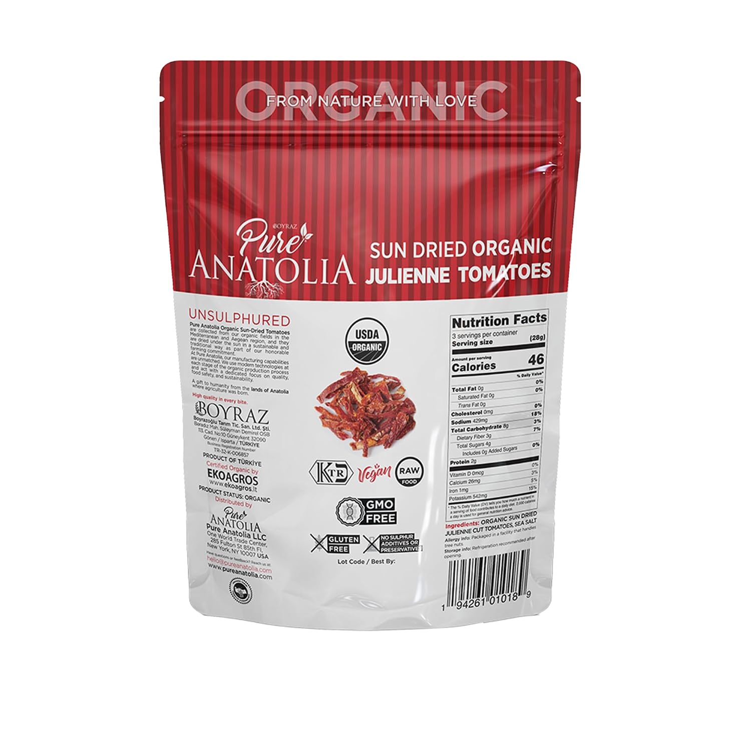 Pure Anatolia Organic Sun Dried Tomatoes Julienne Cut - Sundried Tomato, No Sugar Added, USDA Certified, No Preservatives, Kosher & Halal, Pack of 6