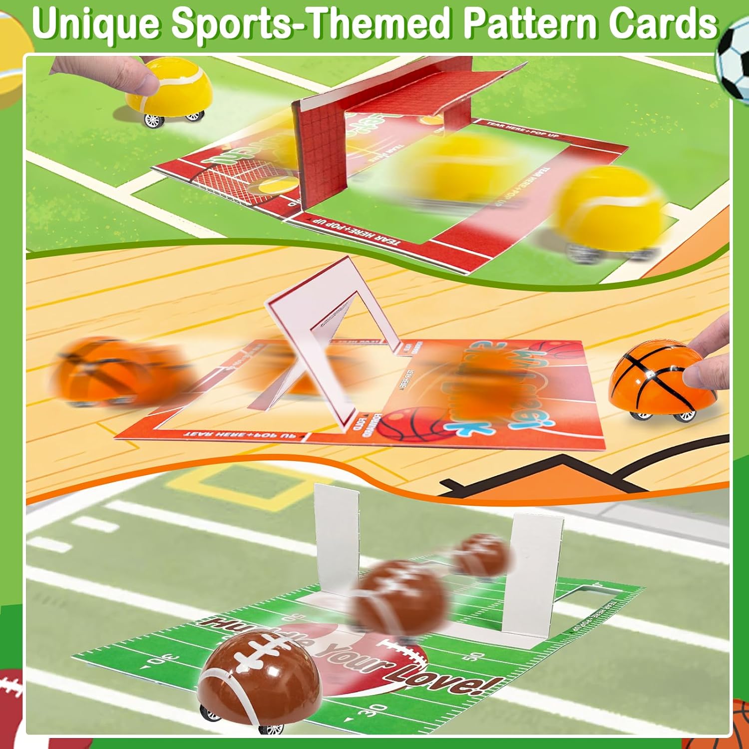 3D Goals Cards as Race Track & Pull Back Cars, 28 Pack Valentine Gifts for Kids Toddlers Tabletop Sports Games Soccer Football Basketball Tennis Toys for Valentines Exchange School Prizes Party Favors