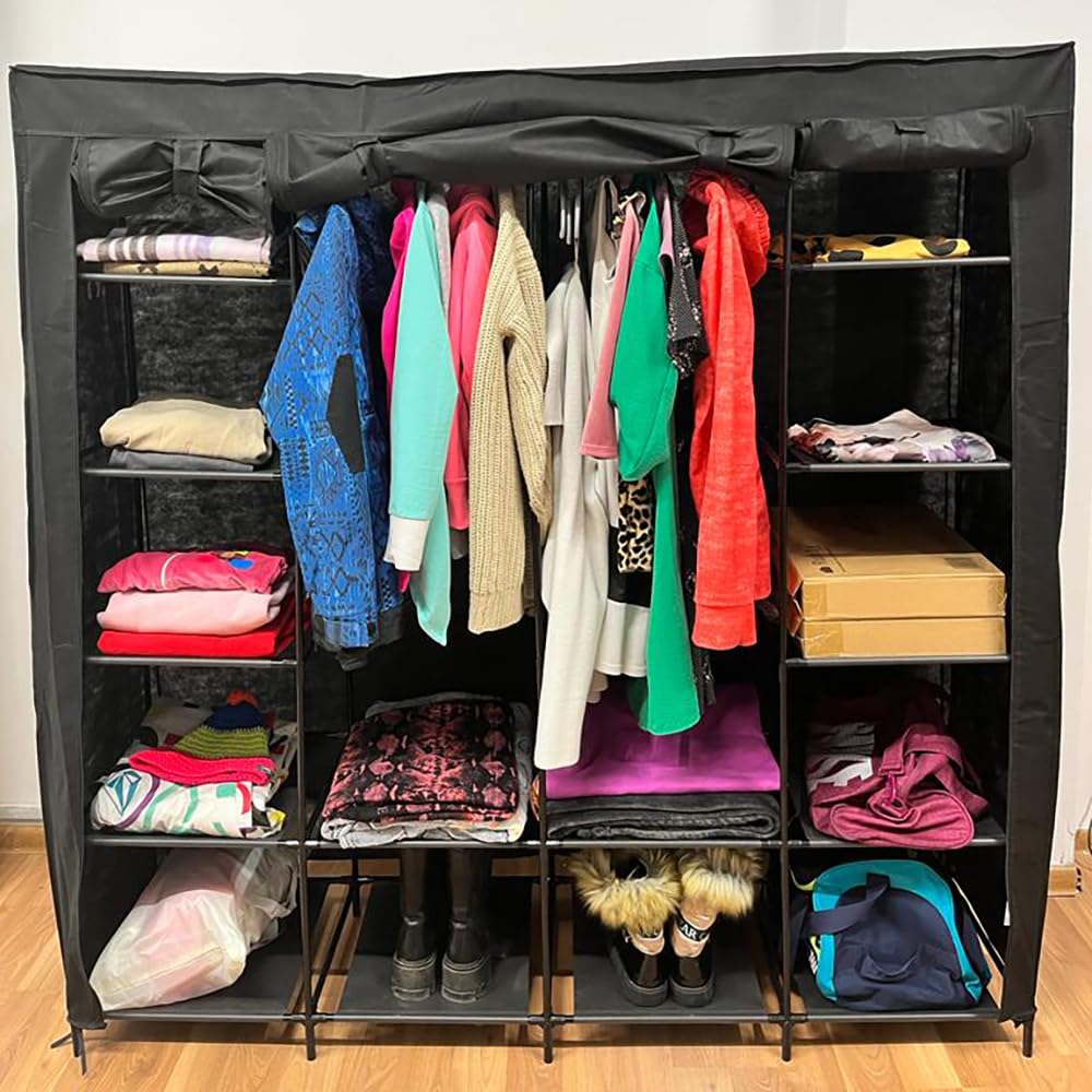 Armario de tela grande 170 x 170 cm, estable, 2 barras para ropa, 14 compartimentos, armario plegable para dormitorio, vestidor, color negro 23740