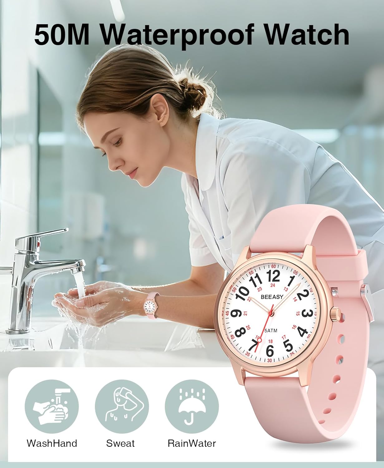 Beeasy Waterproof Nurse Watch - 38mm Analog Watch with 12/24 Time & Easy Read Luminous Dial, Soft Silicone Band for Comfort, Silent Second Hand Nursing Watch for Student Nurses & Doctors - Image 3