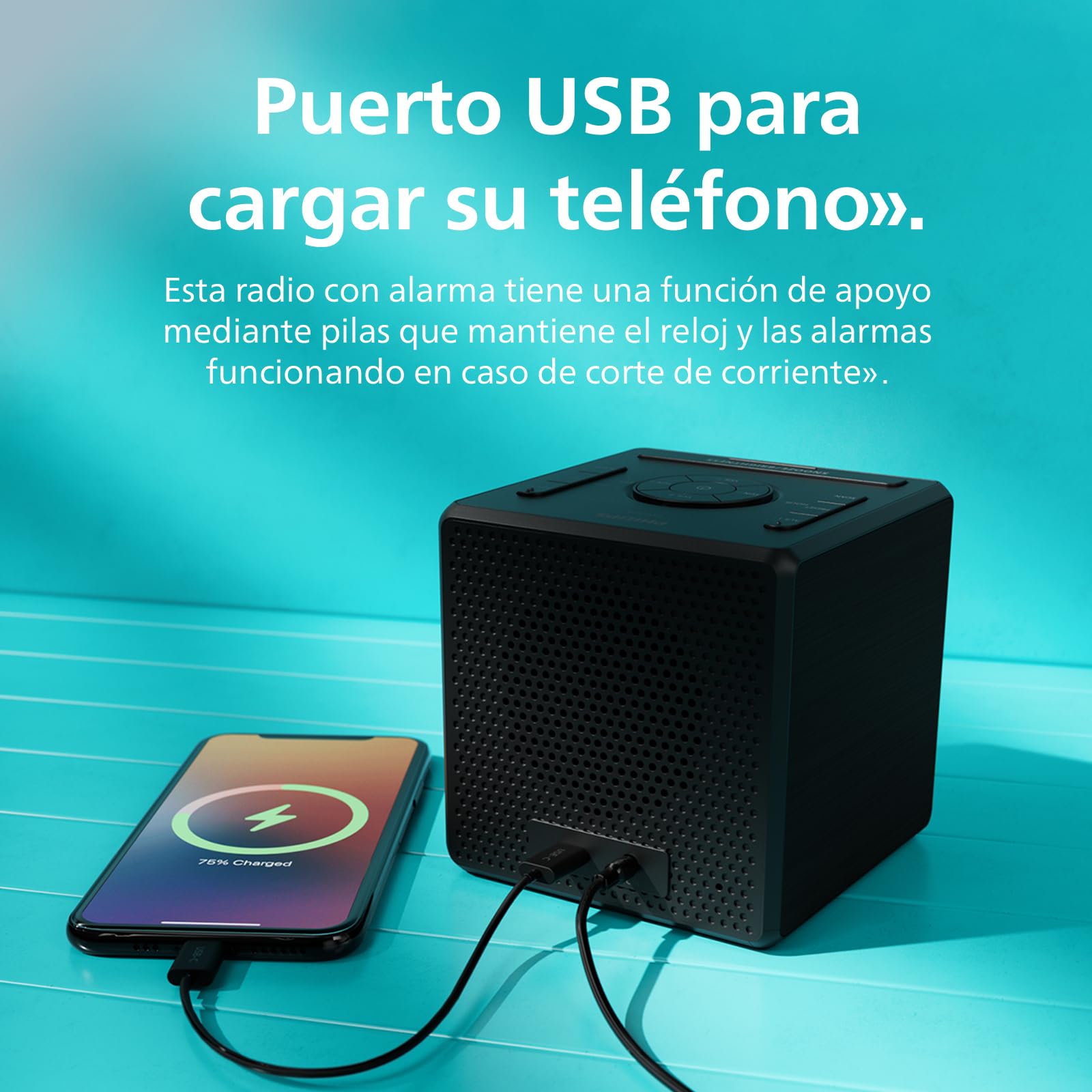 Philips TAR4500 Radio Reloj FM con Alarma Doble y Puerto de Carga USB-C