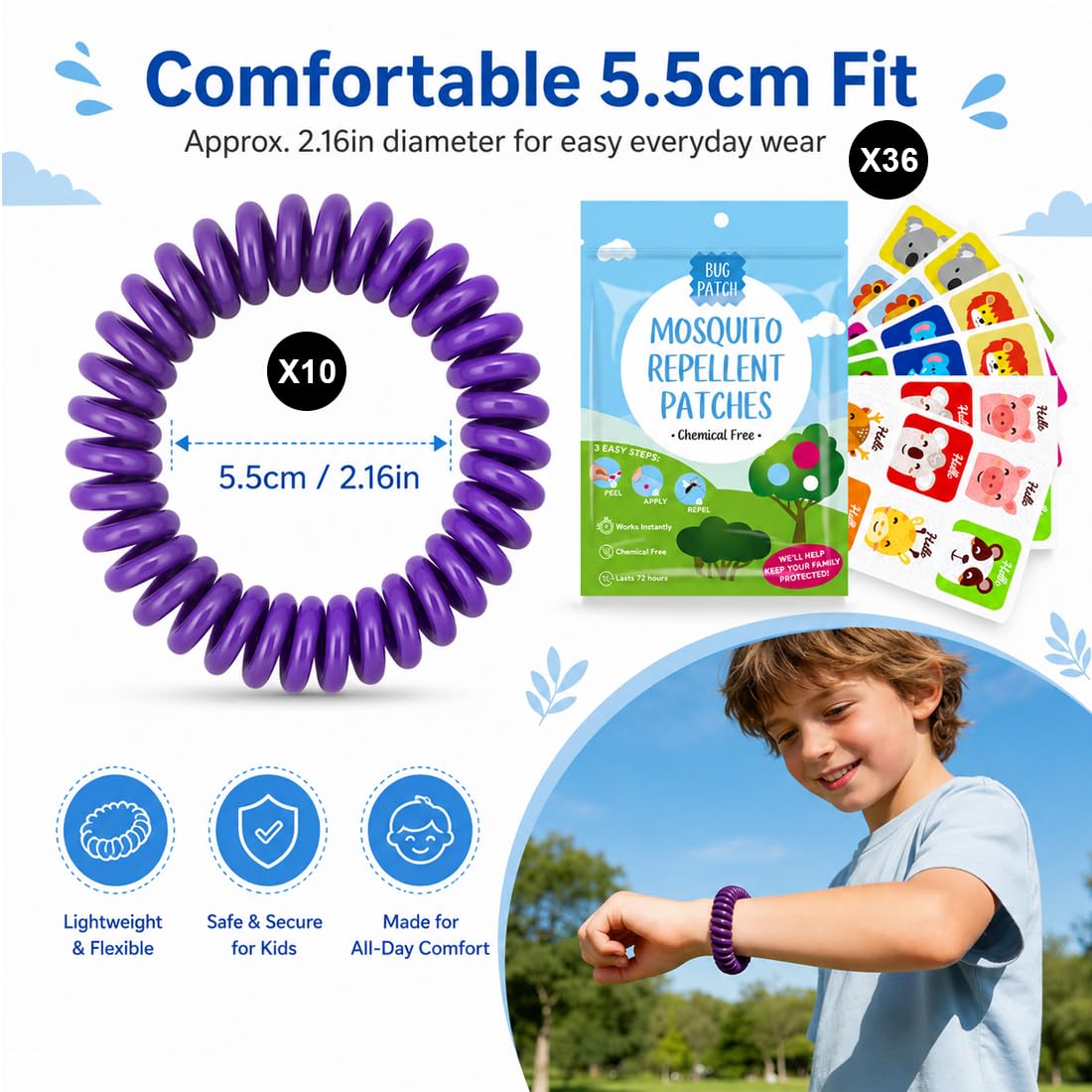 Set 10 Bracciali Antizanzare a Spirale + 36 Cerotti, Braccialetti Antizanzare con Oli Essenziali Naturali, Senza DEET, per Famiglia e Bambini, per Attività All'aperto e Viaggi
