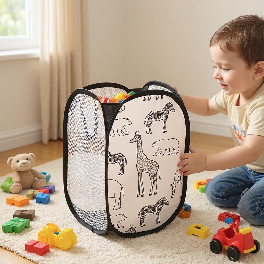 Nylon Collapsible Laundry Hamper Cartoon Design Space Saving Foldable Kids Laundry Basket Breathable Mesh Sides Carry Handles Portable Clothes Bin