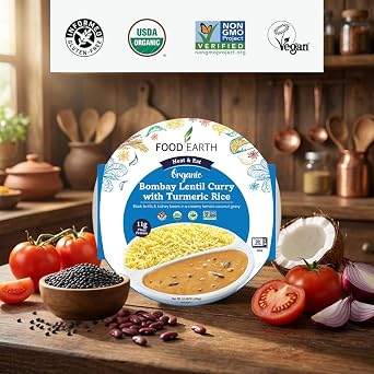 Food Earth Ready to Eat Indian Meal Bombay Lentil Curry with Turmeric Rice Organic, Vegan, Gluten-Free, GMO-Free, Plant-Based Microwavable 10.58 oz Each Pack of 6