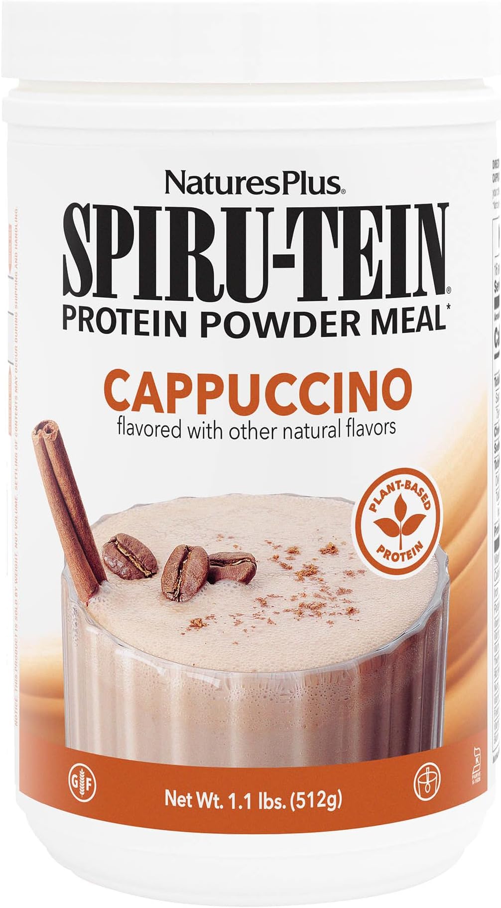 NaturesPlus SPIRU-TEIN, Cappuccino - 1.1 lbs - Plant-Based Protein Shake - Non-GMO, Vegetarian, Gluten Free - 16 Servings