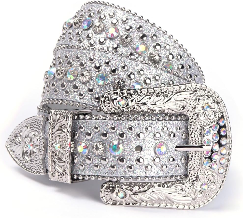 Rhinestone Bling Gothic Belt with Crystal Diamond for Halloween - Western Cowboy/Cowgirl Belt for Jeans