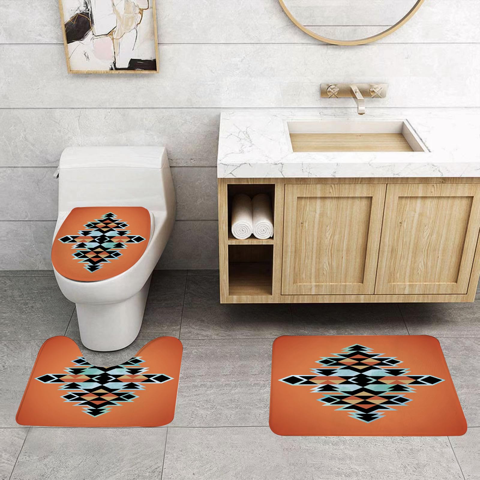 Set di 3 tappetini da Bagno, Lavabili in Lavatrice e Antiscivolo, tappetini in Morbida Fibra Superfine, tribali, Motivi tribali aztechi, Design Etnico Astratto, Elementi tradiziona