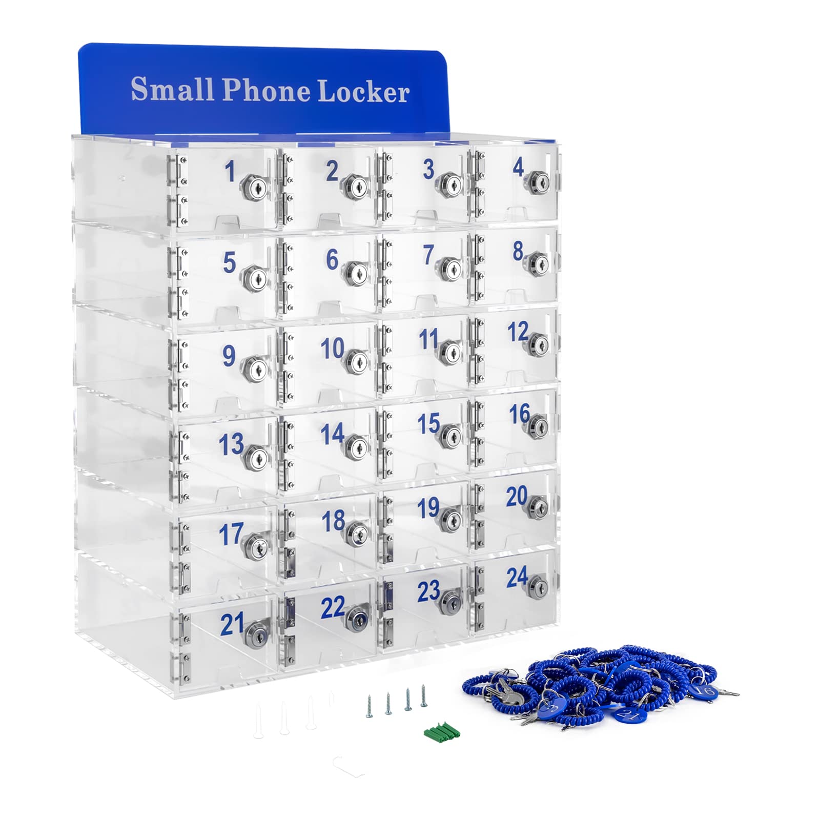 WANLECY Cell Phone Lockers, Acrylic Cell Phone Lock Box with Door Locks and Keys Wall Mounted and Freestanding Cell Phones Storage Box for Office School (24 Slots)