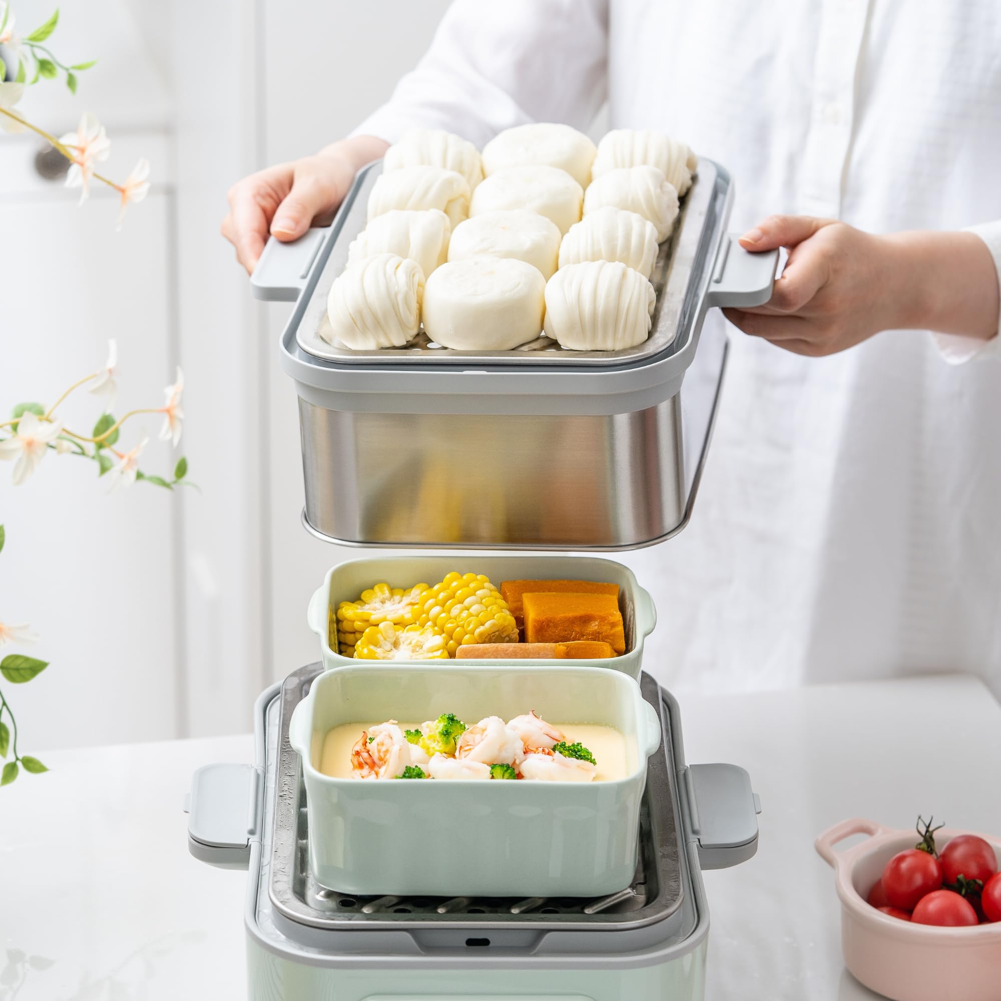 BUYDEEM G52 Elektrischer Lebensmitteldampf, 10,6 Liter für 4-8 Portionen, Gemüsedampf zum Kochen, 2 Stunden automatische Wartung, 7 voreingestellte Zeiten, doppelt