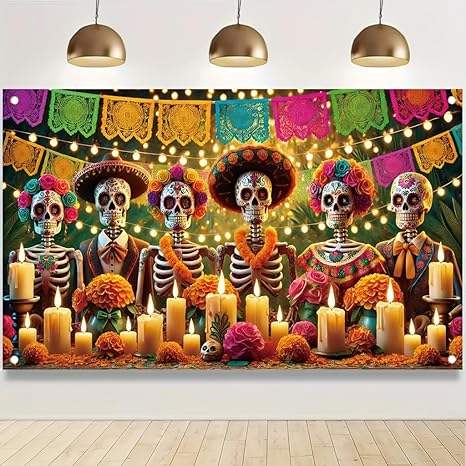Day of the Dead Banner 71x43 Inch Colorful Sugar Skull Marigold Candle Papel Picado Decoration Photography Background for Dia de los Muertos
