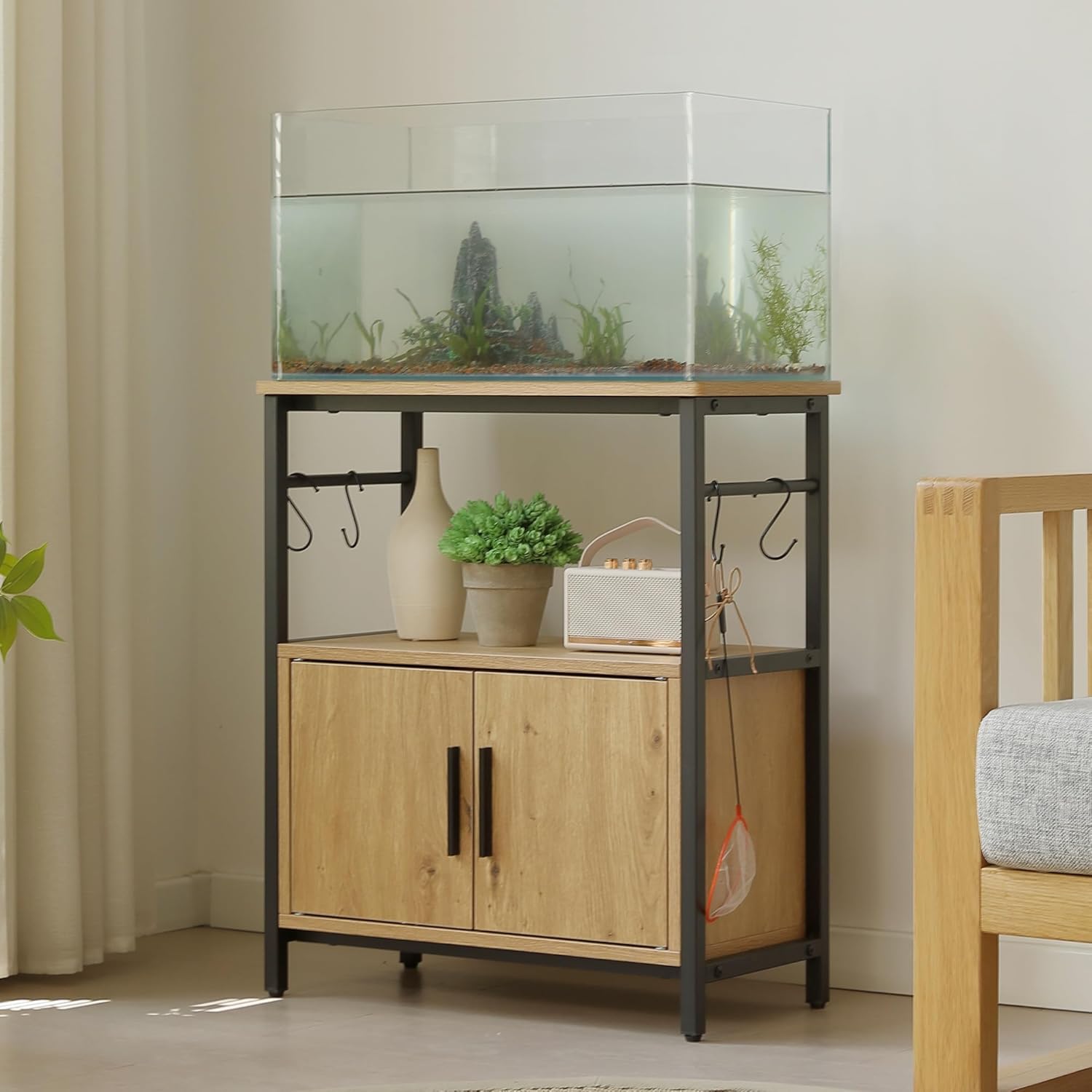 OSJ Aquarium Stand, Load Capacity 264.6 lbs (120 kg), Width 23.6 inches (60 cm), Depth 11.8 inches (30 cm), 3 Tiers, Heavy Duty Hooks, Double Door with Adjuster, Storage Shelf, Side Board with Storage