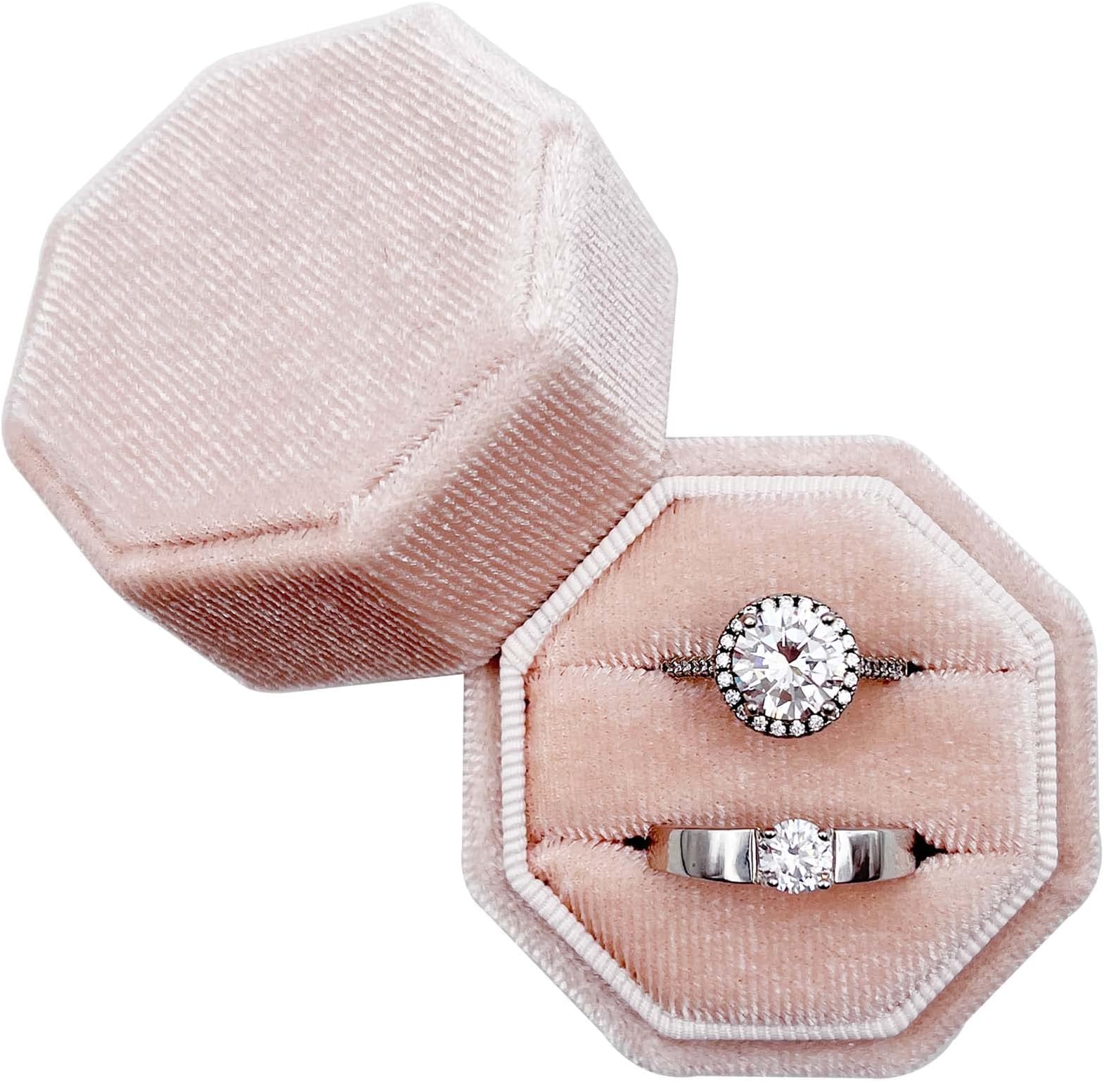 BeatilogBeatilog Velvet Ring Box - Octagon Premium Vintage Wedding Ring Holder Handmade Double Ring Bearer Jewelry Display Organizer for Proposal, Engagement, Ceremony, Christmas, Photography (Light Pink)