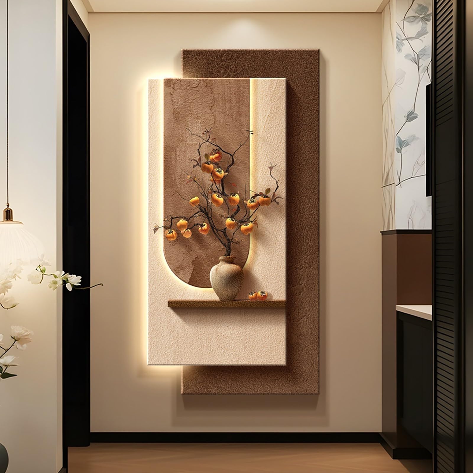Applique Murale LED Salon Déco Vase Kaki Art Mural 3D 40x80cm