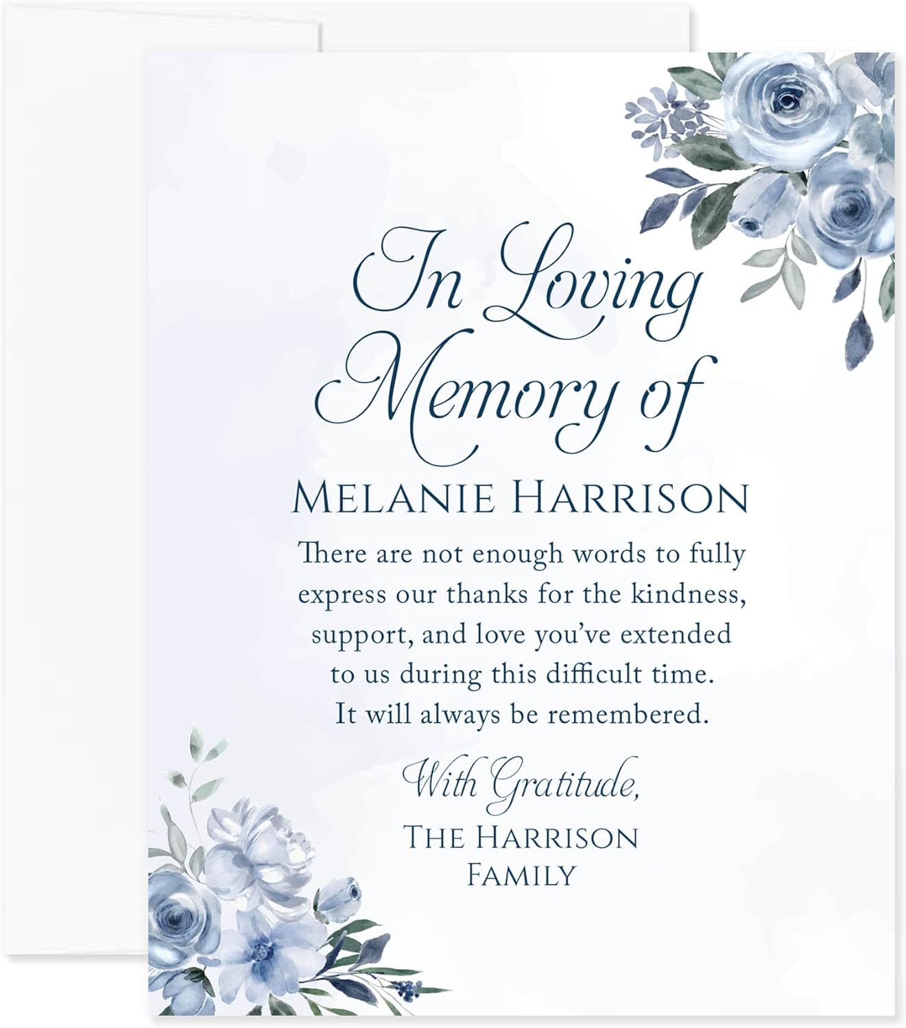 Soft Blue Floral In Loving Memory Funeral Thank You Cards, Personalized Sympathy Acknowledgements, Elegant Bereavement Flat Notes with Envelopes - 4.25x.5.5"