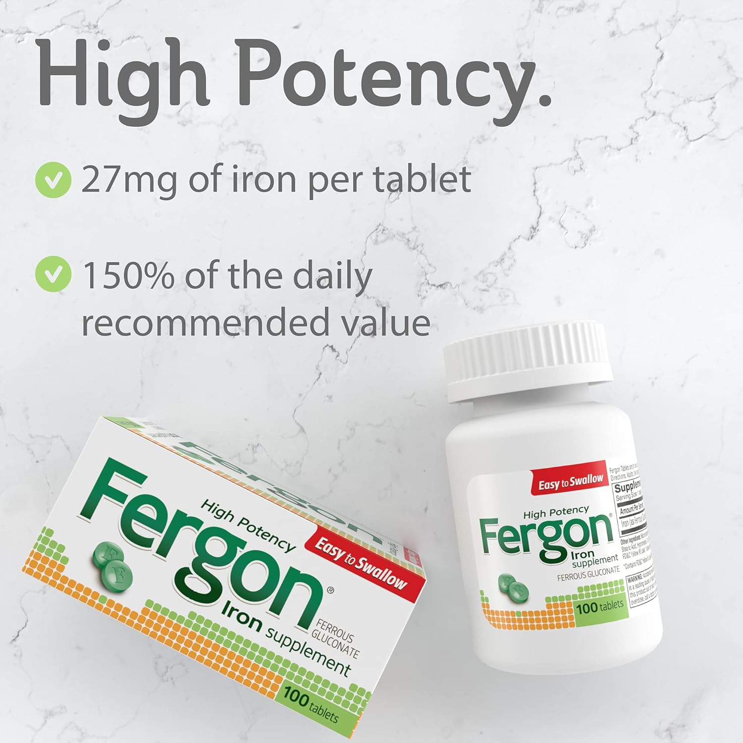 Fergon High Potency Iron Supplement Tablets, 100 Count, Pack of 2 : Health & Household