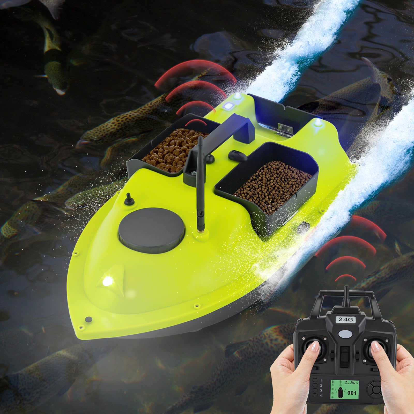 Barco de pesca con GPS, 99 posiciones, motor dual de 52 W, batería de 90 min, alcance de 600 m, mando a distancia LCD, incluye bolsa de transporte