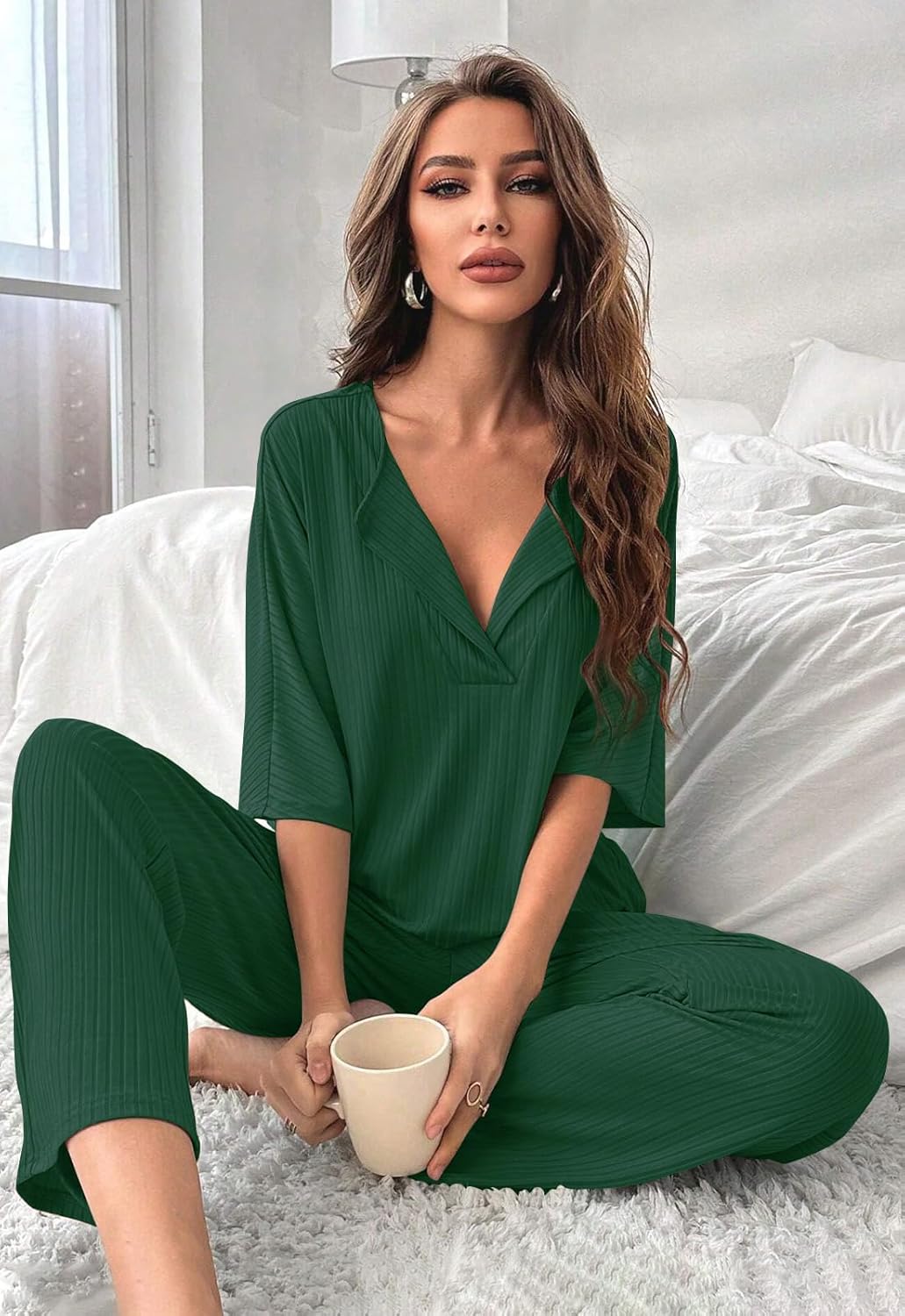 COSSEN Women’s 2 Piece Pajamas Set Ribbed Knit Loungewear Casual Outfits 3/4 Sleeve Tops and Wide Leg Pants Set - Image 2