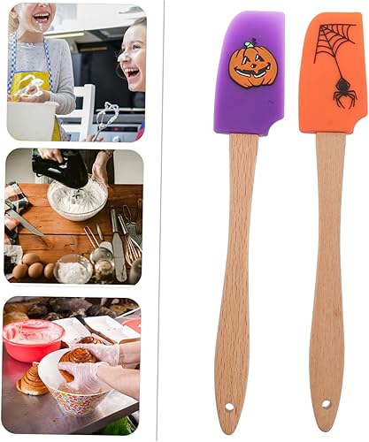 Miniatura 7 de Raspador de silicona, 2 piezas, raspador de Halloween, utensilios de cocina, espátula de madera para hornear de calabaza para niños