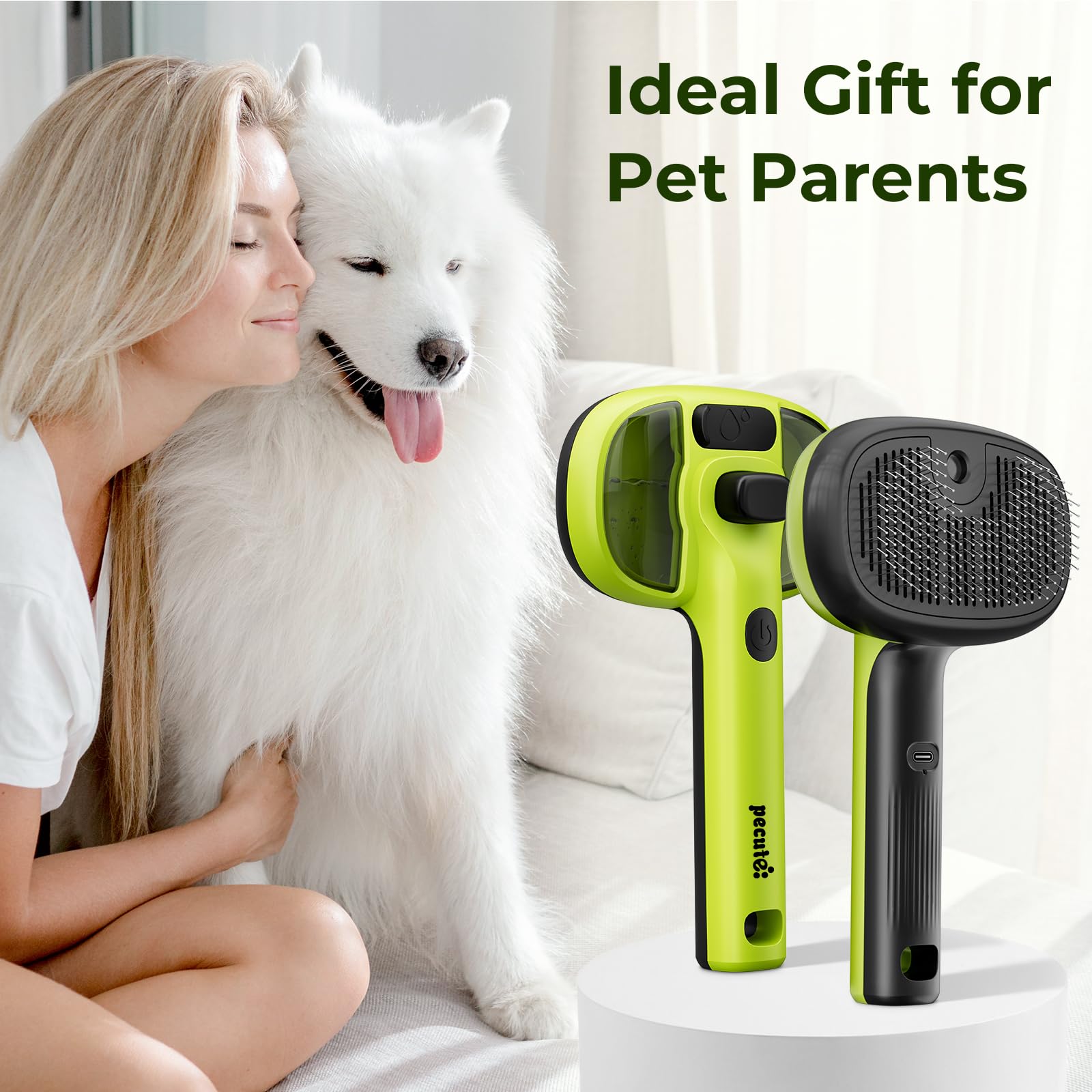 pecute Cepillo Vapor para Gatos, Multifuncional Cepillo Vapor Recargable, Peine para Perros Autolimpiable, Antiestático Peine de Masaje para Pelo Largo Gatos Perros, Solo Niebla Fría (Verde)